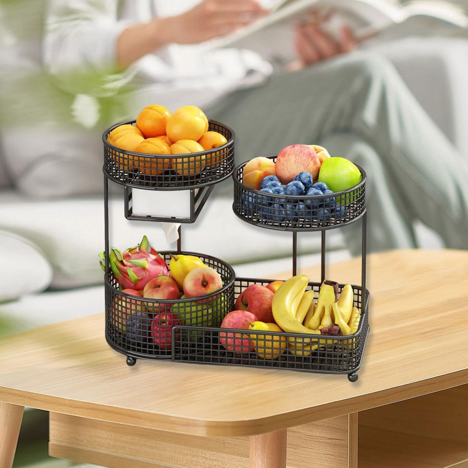 Obstkorb, Obstaufbewahrungsständer, 3 Etagen, kompakter Küchenorganizer aus mit Taschentuchhalter für Partys, Küchentheke, Wohnzimmer, Schwarz