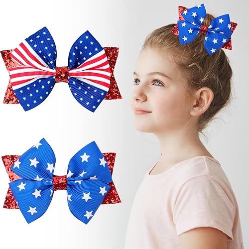 Pinzas para el cabello del Día de la Independencia para niñas, lazos para el cabello con purpurina roja, estrellas y rayas, 4 de julio, Día de los