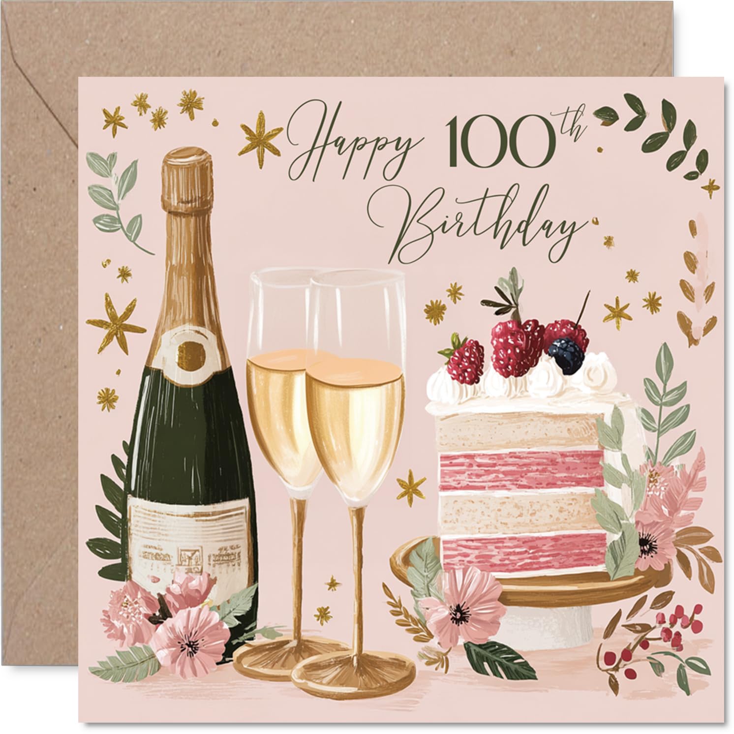 100th Birthday Cards for Women - Cakes & Wine - Happy Birthday Card for 100 Year Old Woman Wife Nanny Granny Grandma, 145mm Bday Greeting Cards