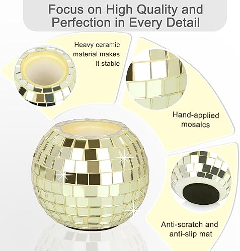 Miniatura 3 de Vixdonos Juego de 3 portavelas redondos de mosaico de cerámica a granel para velas cónicas, color dorado