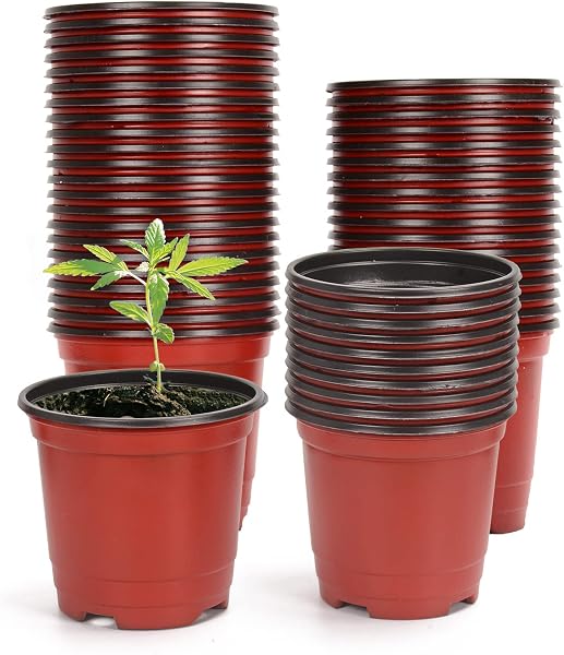 Atoke 50 Pack Thick Plastic Plant Pots,10cm Seed Starting Pot Flower Pot Plant Container for Seedlings,Vegetables,Succulents,Brown - 1