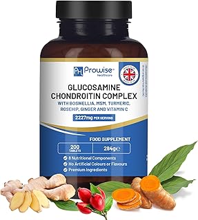 Glucosamine and Chondroitin Complex 2227mg per serving | 200 High Strength Tablets | 8 Nutritional Components | MSM, Boswellia, Vitamin C, Turmeric, Ginger, and Rosehip | Made in UK by Prowise