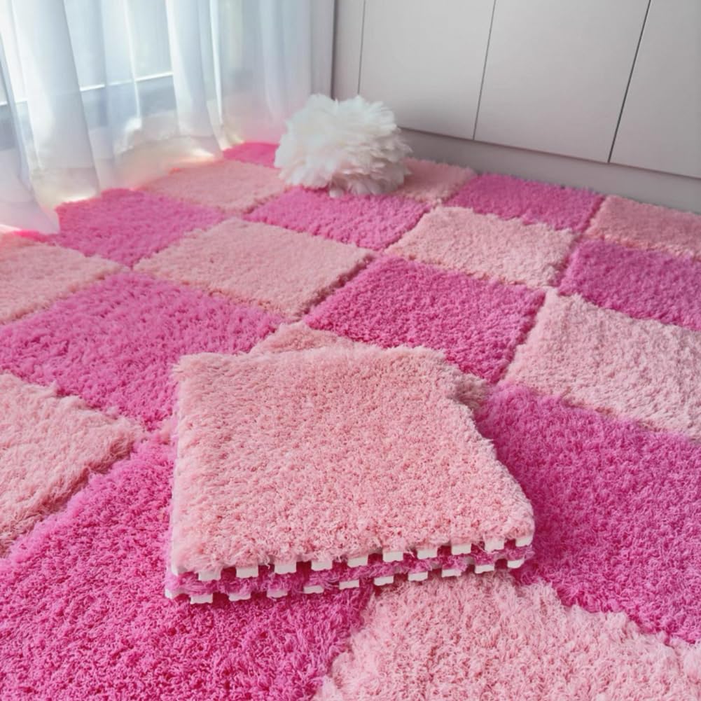 10 Pack Carpet Squares Puzzle Mat 30x30x1cm Plush Interlocking Carpet Tiles,Soft Fluffy Floor Protective Mat Shaggy Area Rug for Bedroom (Rose Pink)