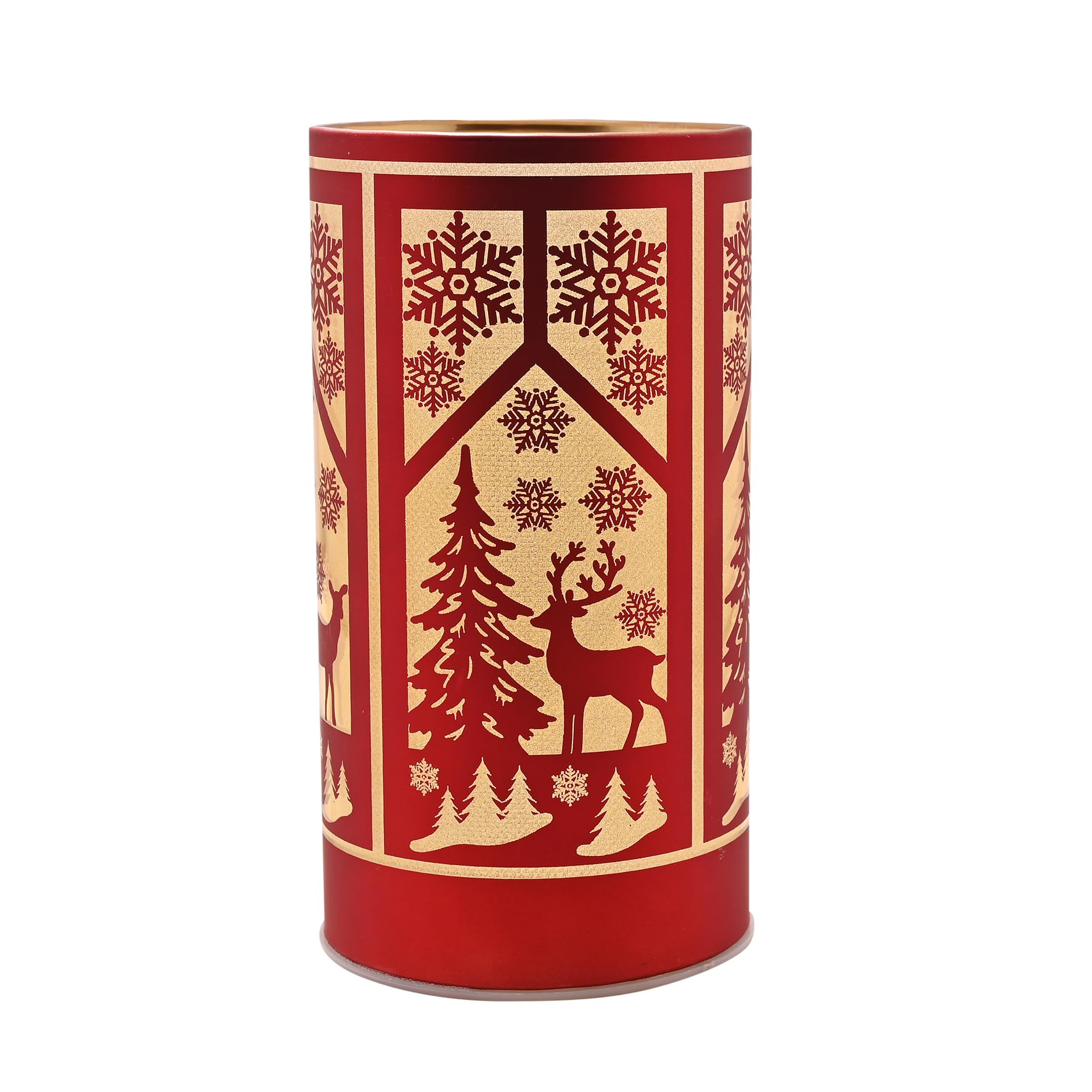 Widdop And Co Red/Gold Widdop Regal Tidings Glass Led Tube Light – & Christmas Windows Scene With Deer & Snowflakes – Festive Light Up Decoration