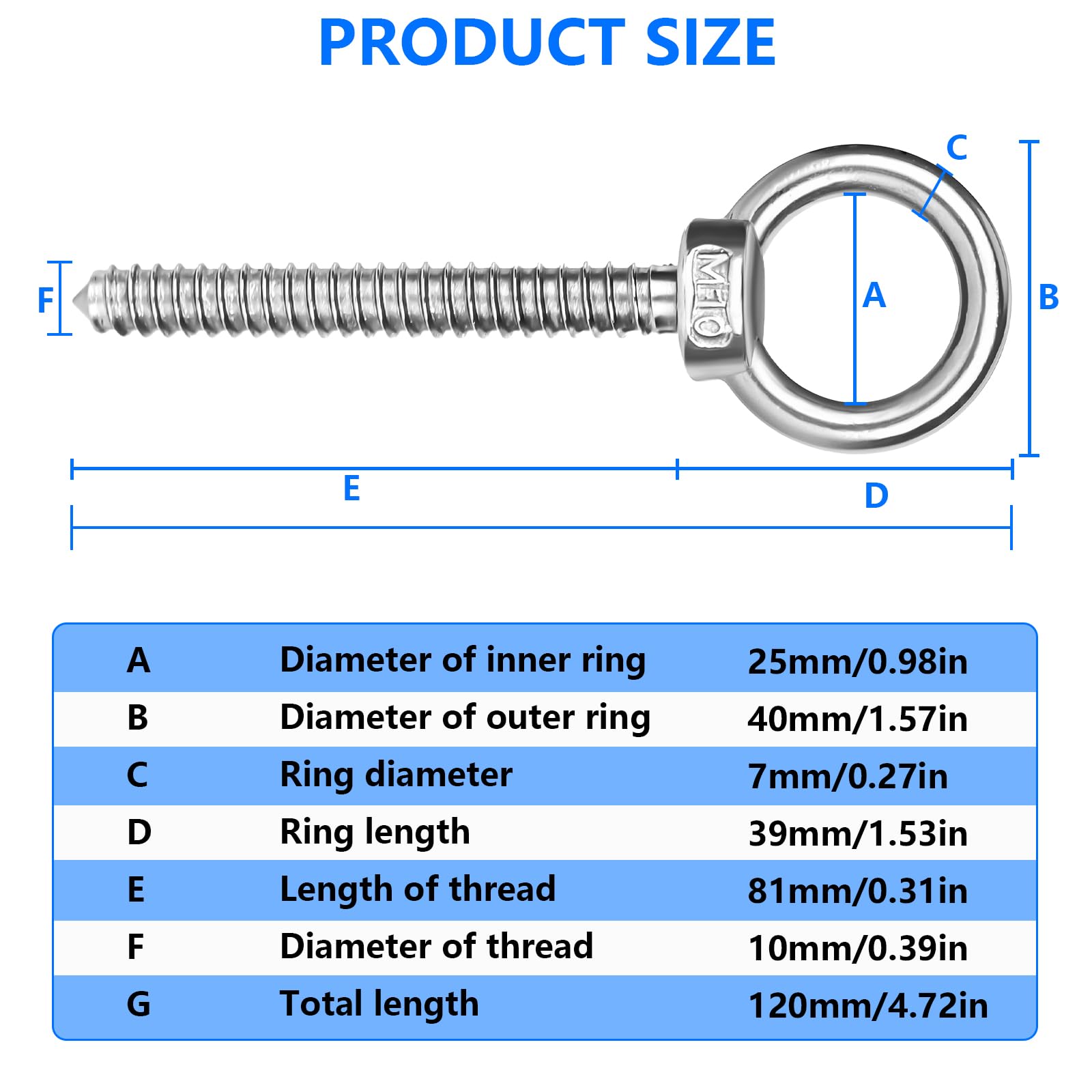 Tornillos grandes con ojal M10, 12 cm, acero inoxidable, tornillos de ojal para atornillar, perno de ojo para fijar soporte de hamaca, mecedora