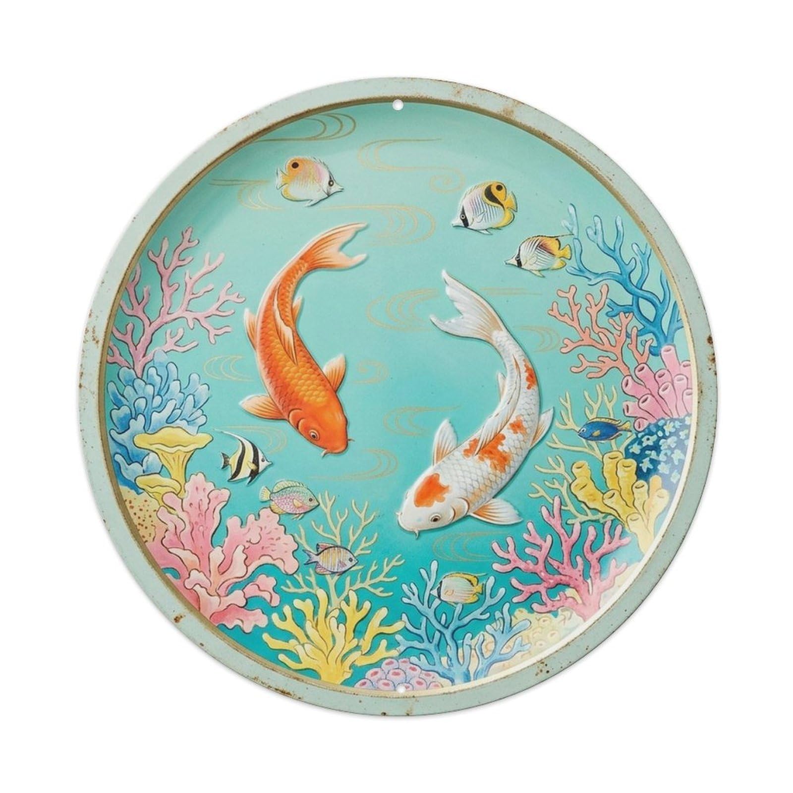 Feng Shui Koi Pond Aqua Coral Marine Asian Harmony Garden Metal Tin Sign Plaque Wall Decor for Cafe, Man Cave, Club Bar, Office, Home Garden Round Metal Poster 8x8Inch