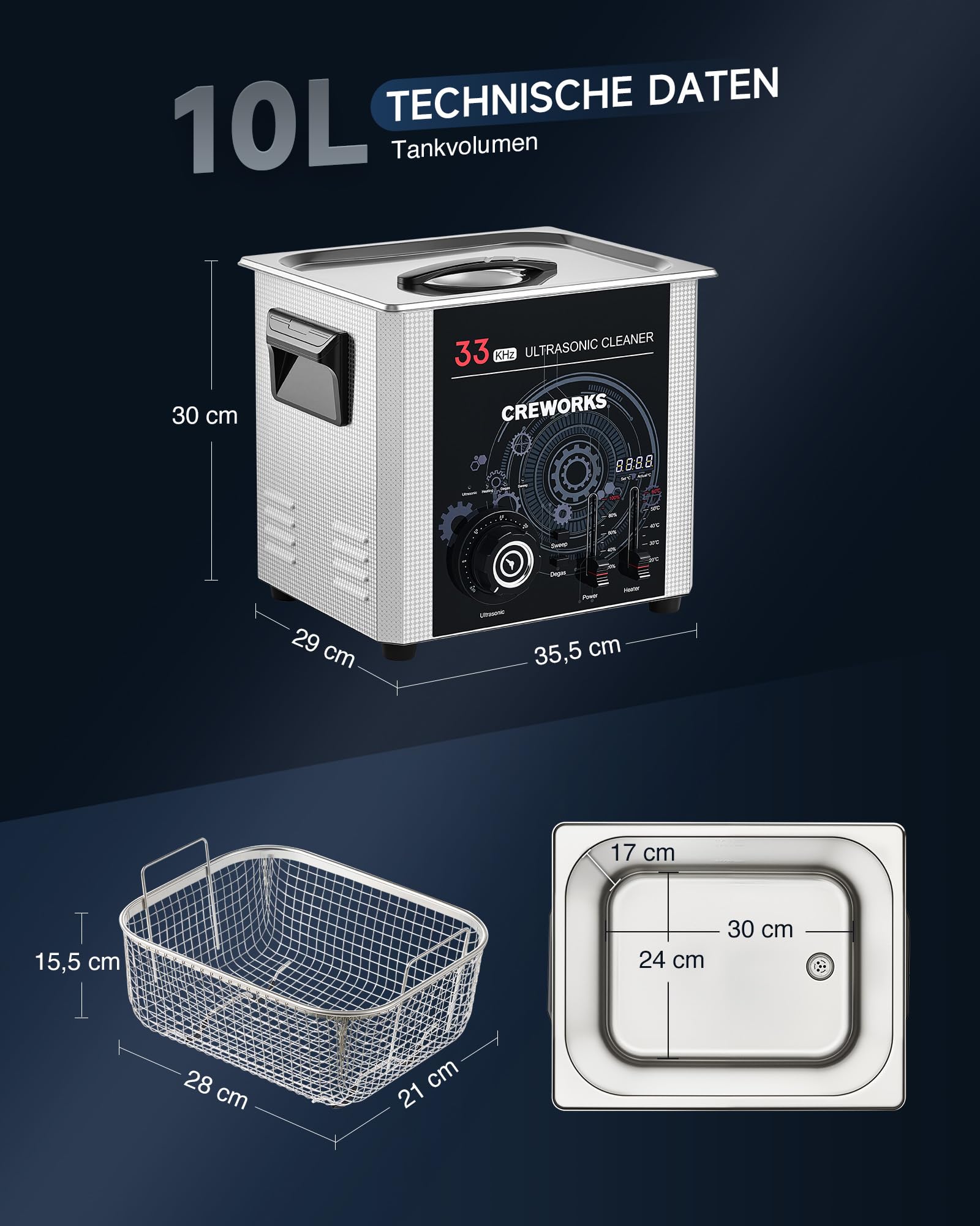 CREWORKS 10L Ultraschallreinigungsgerät 33kHz 240W Teilereinigungsgerät | SUS304 Tank 33kHz Industrielle Frequenz, Sweep & Degas 300W Heizung & Timer für Autoteile, Werkstatt, Labor & Werkzeuge