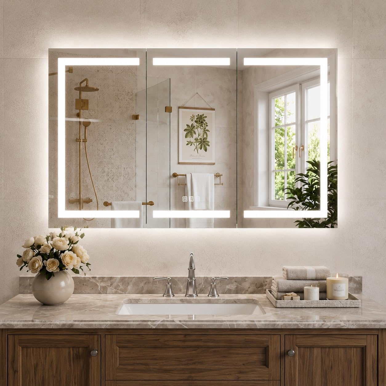 Luxury 54" LED Bathroom Medicine Cabinet, Outlets, Defog, Night Light
