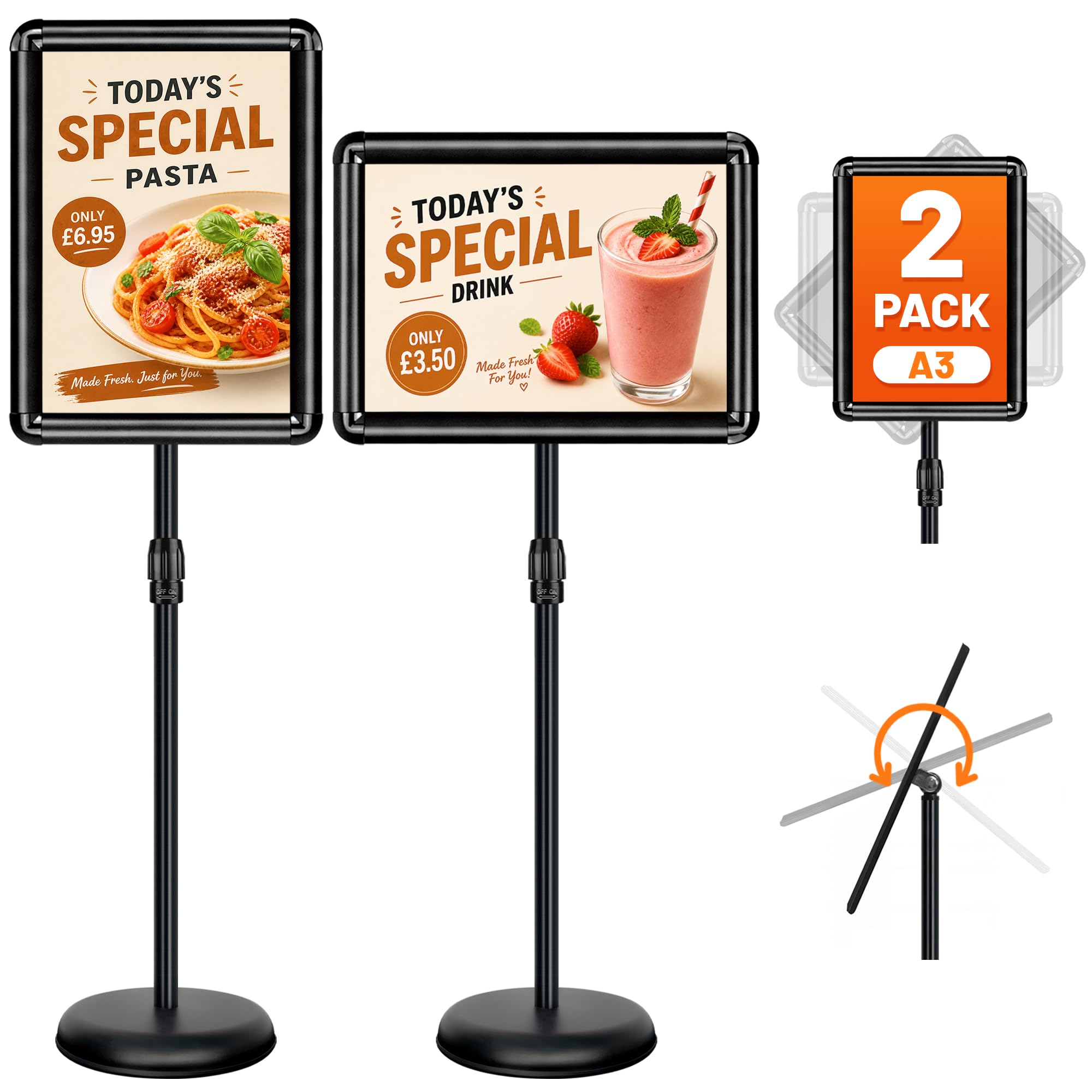 A3 Stand 2Pcs Sign Stand for Display Poster, Adjustable Floor Sign Holder, Aluminium Snap Frame with Safety Corner, Business Advertising, Wedding Welcome, Restaurant Menu, School Notice Display, Black
