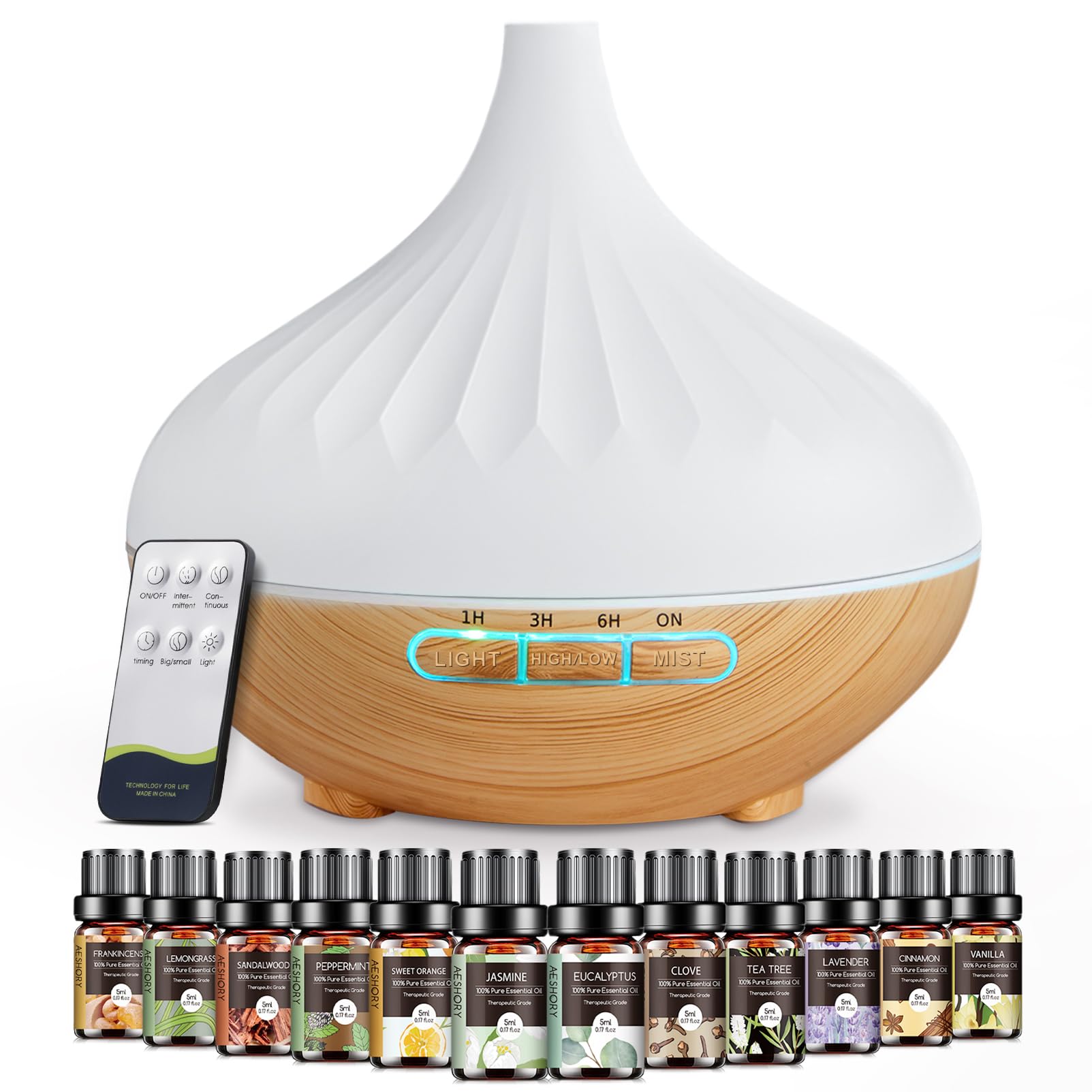 Aeshory Humidificador Difusor Aceites Esenciales 500ml, Difusor de Aromas Ultrasónico con 12 X 5ml Aceite Esenciale, Ambientadores de Hogar con Temporizador hasta 6 Horas, 7 Colores LED- Madera