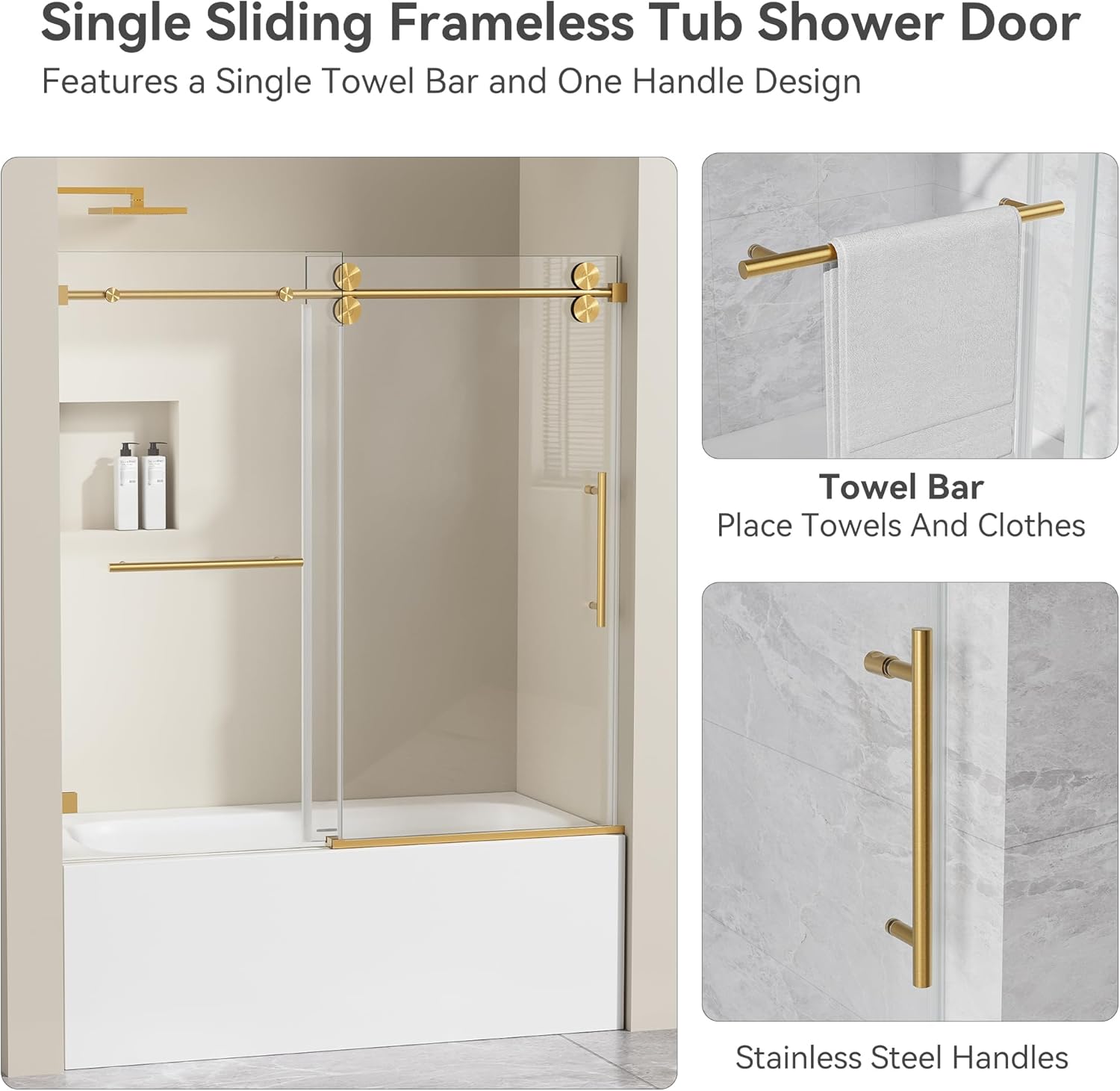 56"-61" W x 60" H Frameless Tub Shower Door, Frameless Single Sliding Tub Door,Shower Door with 3/8" SGCC Tempered Glass & Nano Coating,304 Stainless Steel Hardware,Walk-in Shower Door