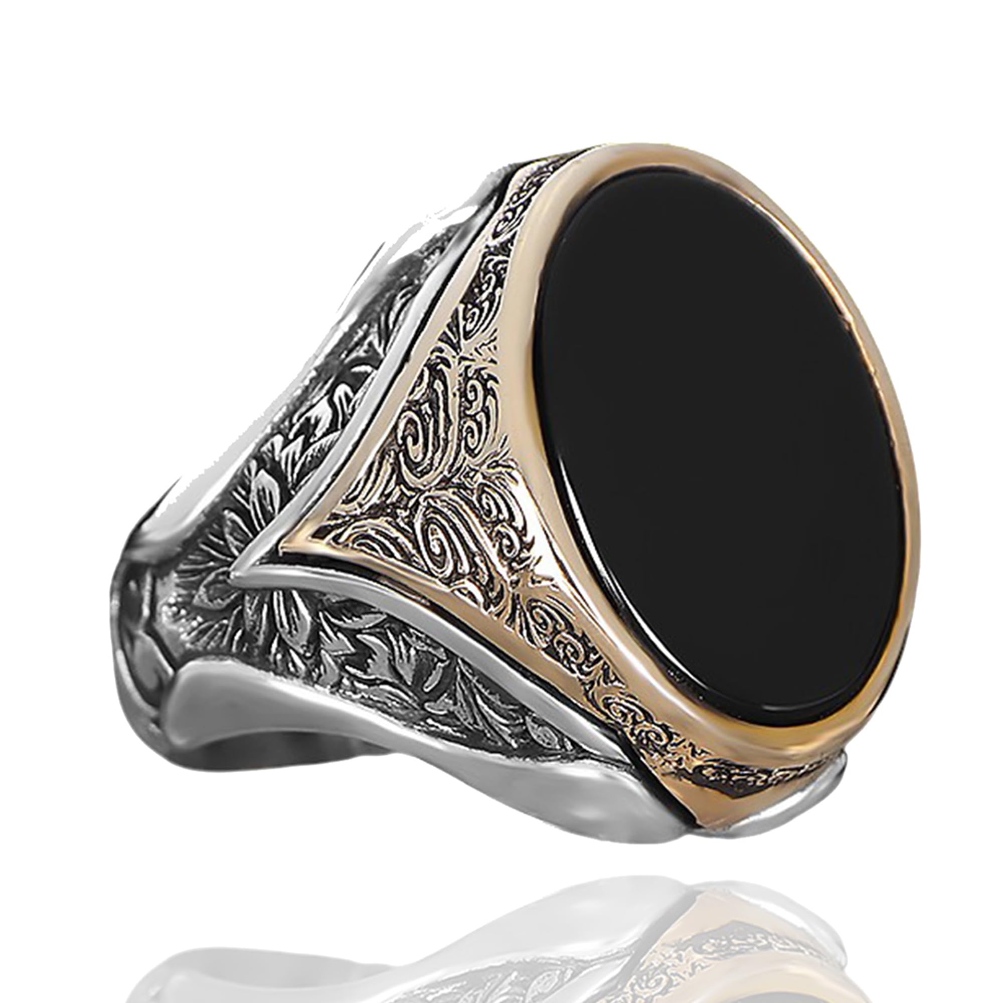 Mens Oval Black Onyx Signet Ring Premium Silver Plated Stainless Steel Vintage Engraved Statement Ring for Men 12