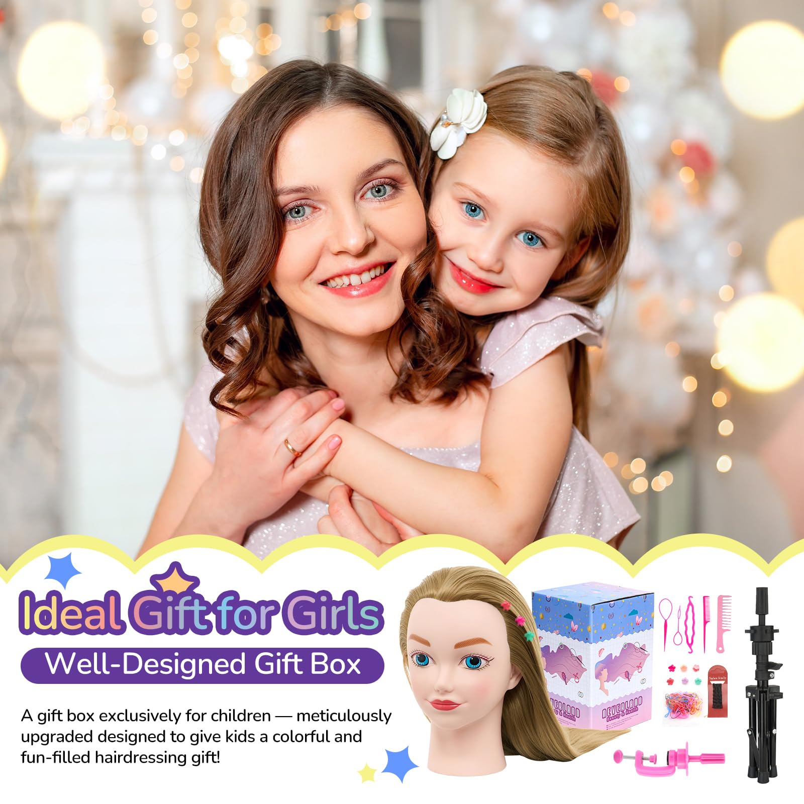 Frisierkopf mit Übungskopf ständer,Frisierkopf Echthaar 100% Synthetisches Haar Puppenkopf zum Frisieren Trainingsköpfe für Friseure Ausbildung Kopf Mit Halter + DIY Haare Set(Blond)