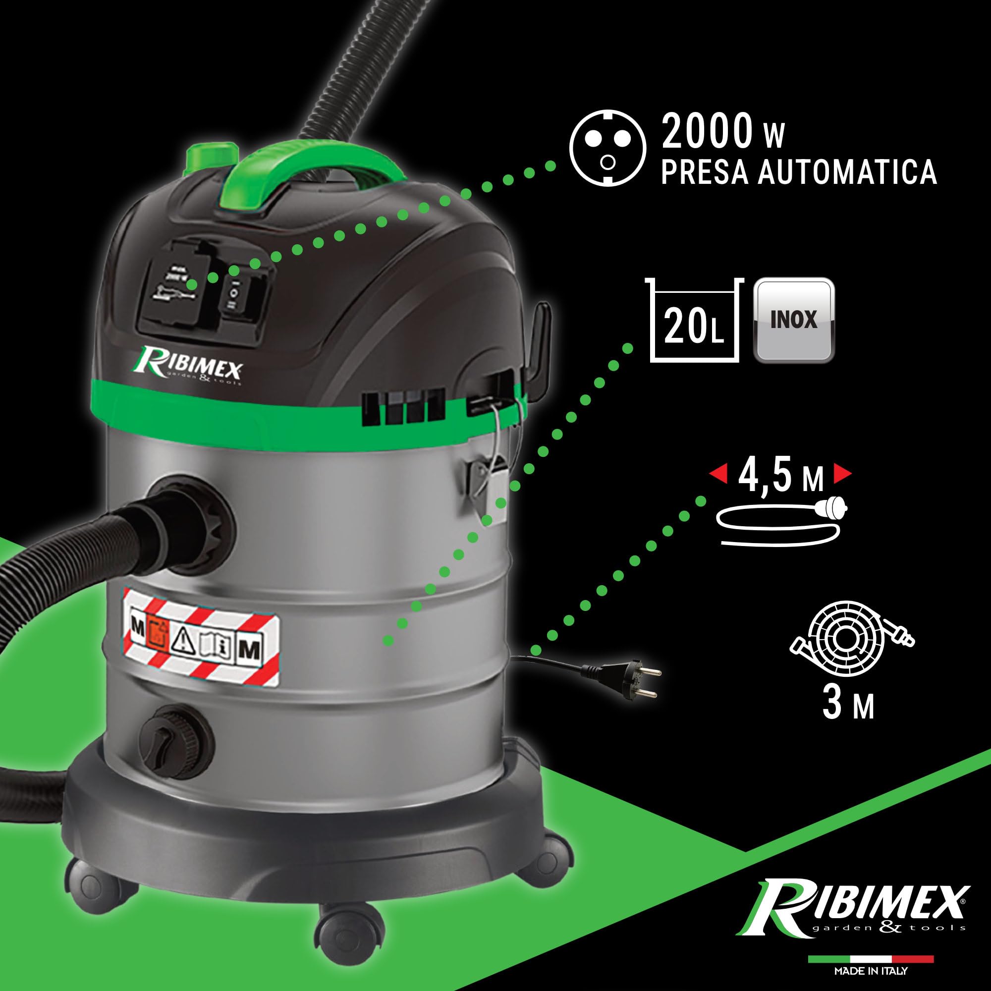 Ribimex Aspiratore Solidi e Liquidi Aspirix Serie Pro Classe M, Bidone Aspiratutto Professionale 20 L, 1400 W, Presa Elettroutensili e Funzione Soffiante, Accessori Inclusi - PRASP20M