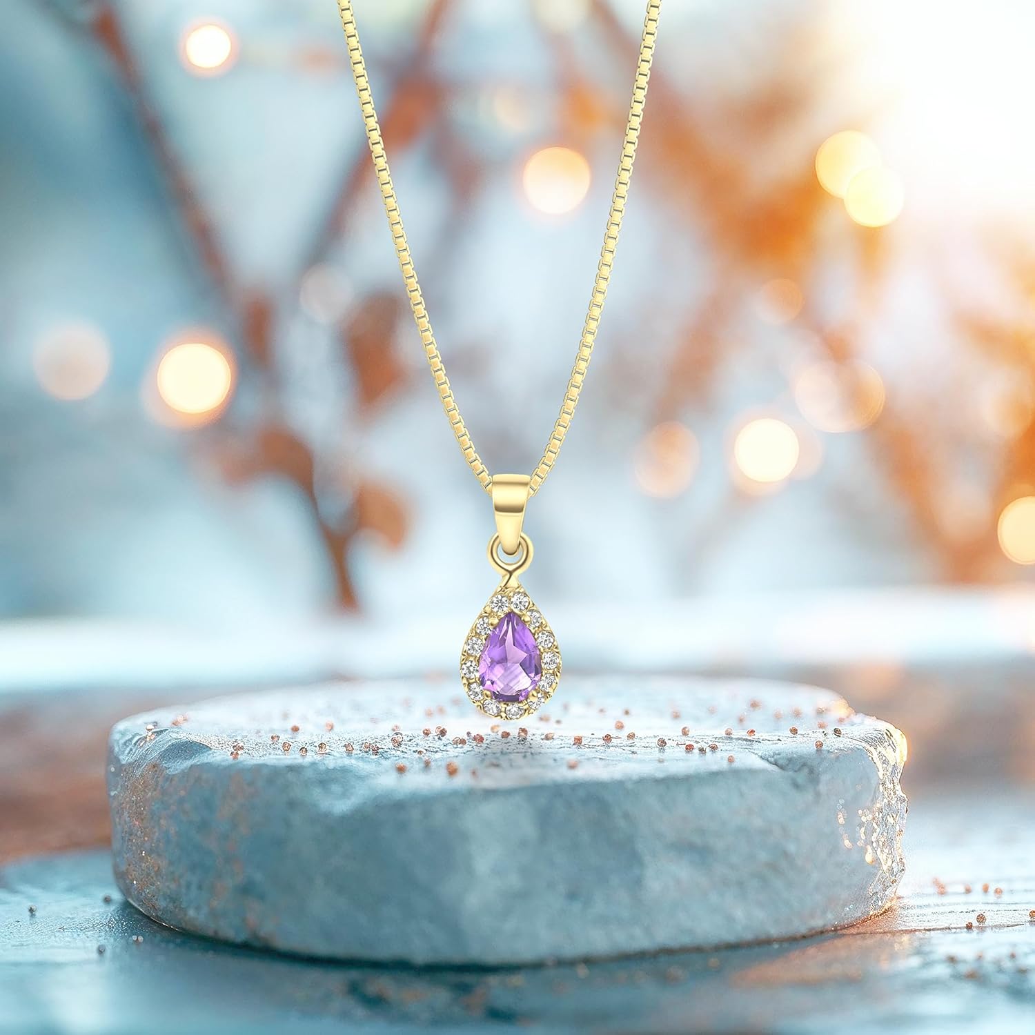 14K Gold Amethyst Necklace for Women - 3x5mm Teardrop Pendant Necklace - Gold 45cm Cable Chain - February Birthstone Necklace - Jewelry - Image 4