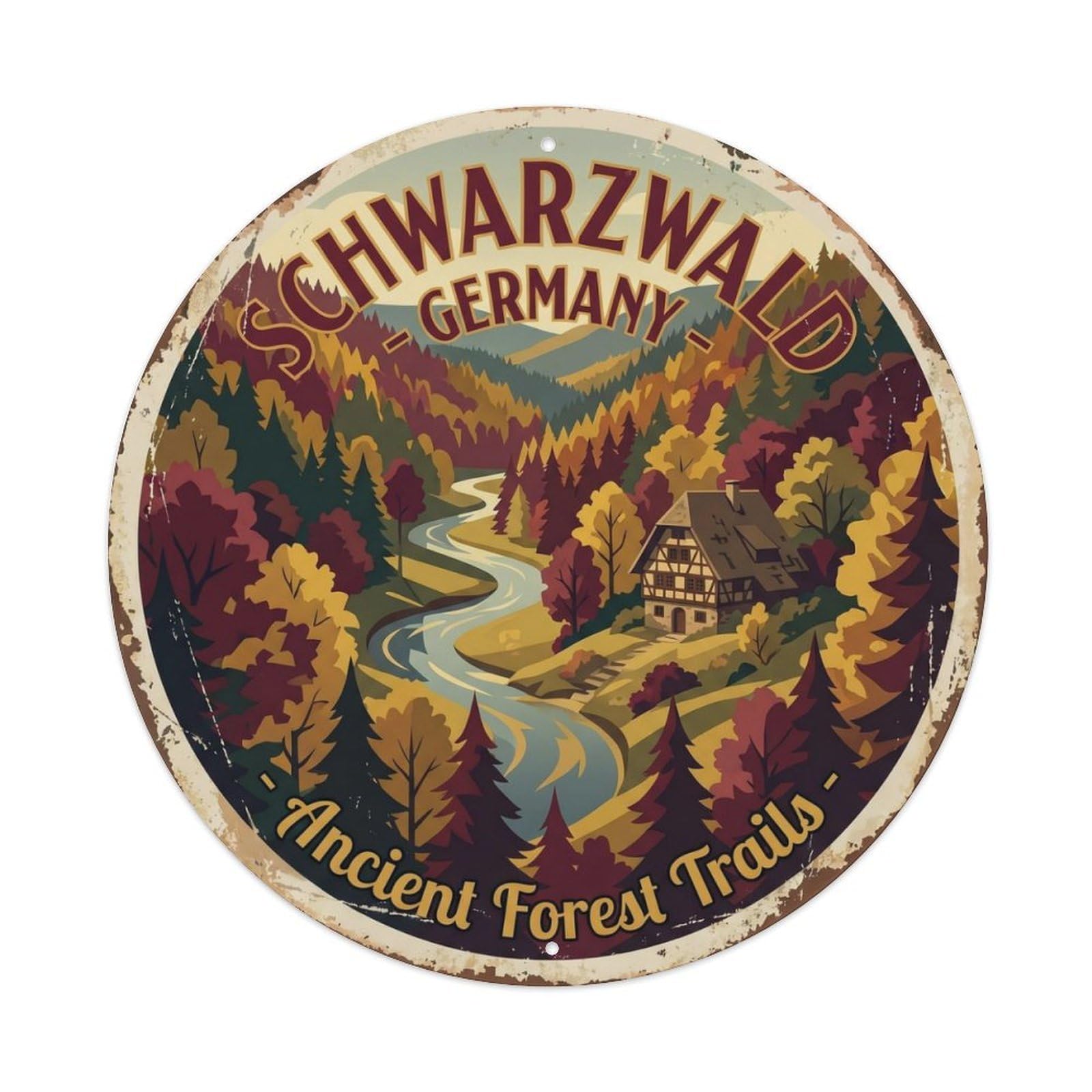 Vintage Travel Schwarzwald Germany Forest Valley Metal Tin Sign Plaque Wall Decor for Cafe, Club Bar, Office, Home Garden Round Metal Poster 8x8Inch