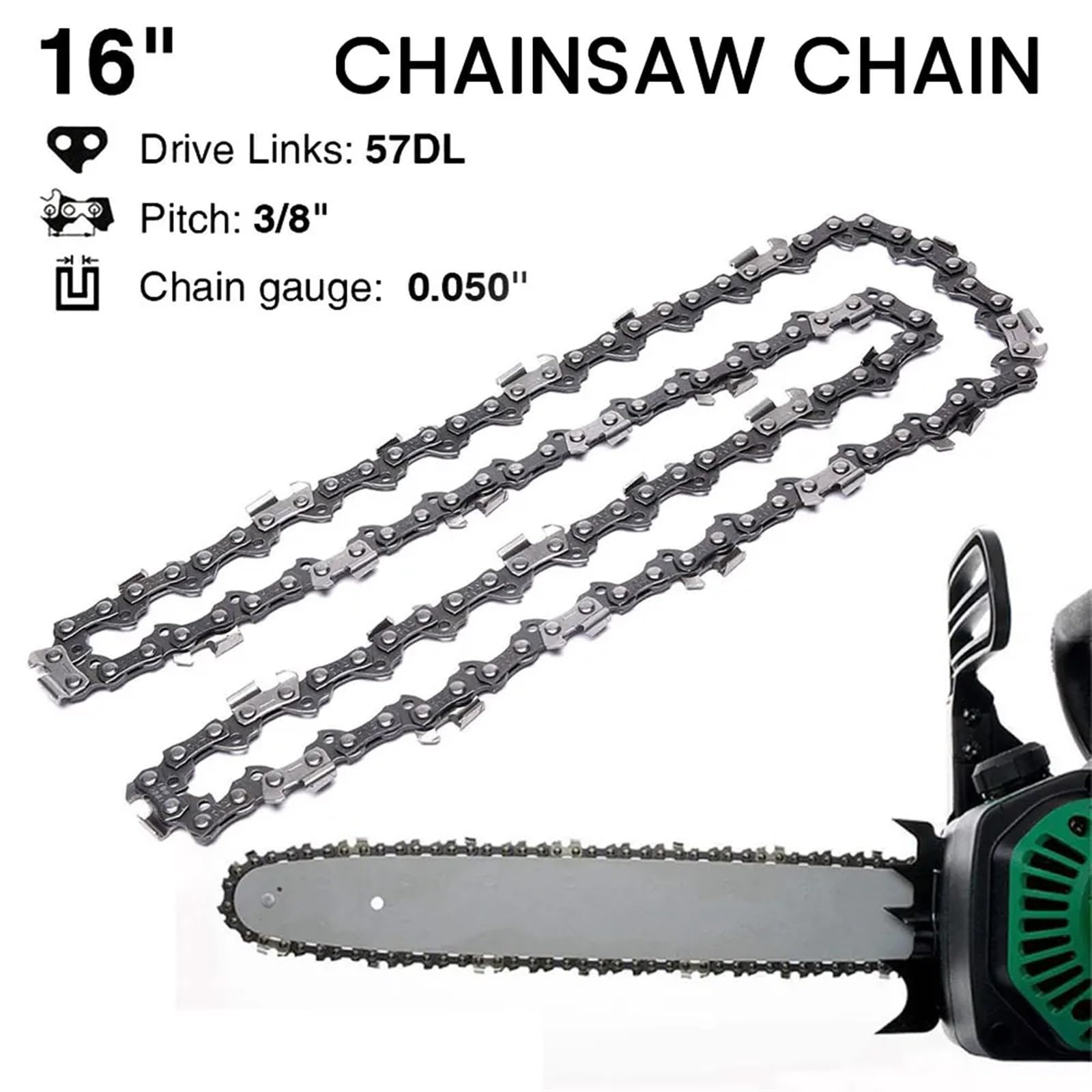 Accesorios para motosierras, Cadenas de Repuesto for Motosierra, 16 Pulgadas, 57 eslabones, Paso LP 3/8", Calibre 0,050, Paquete 2(57dl 16in 2pc)