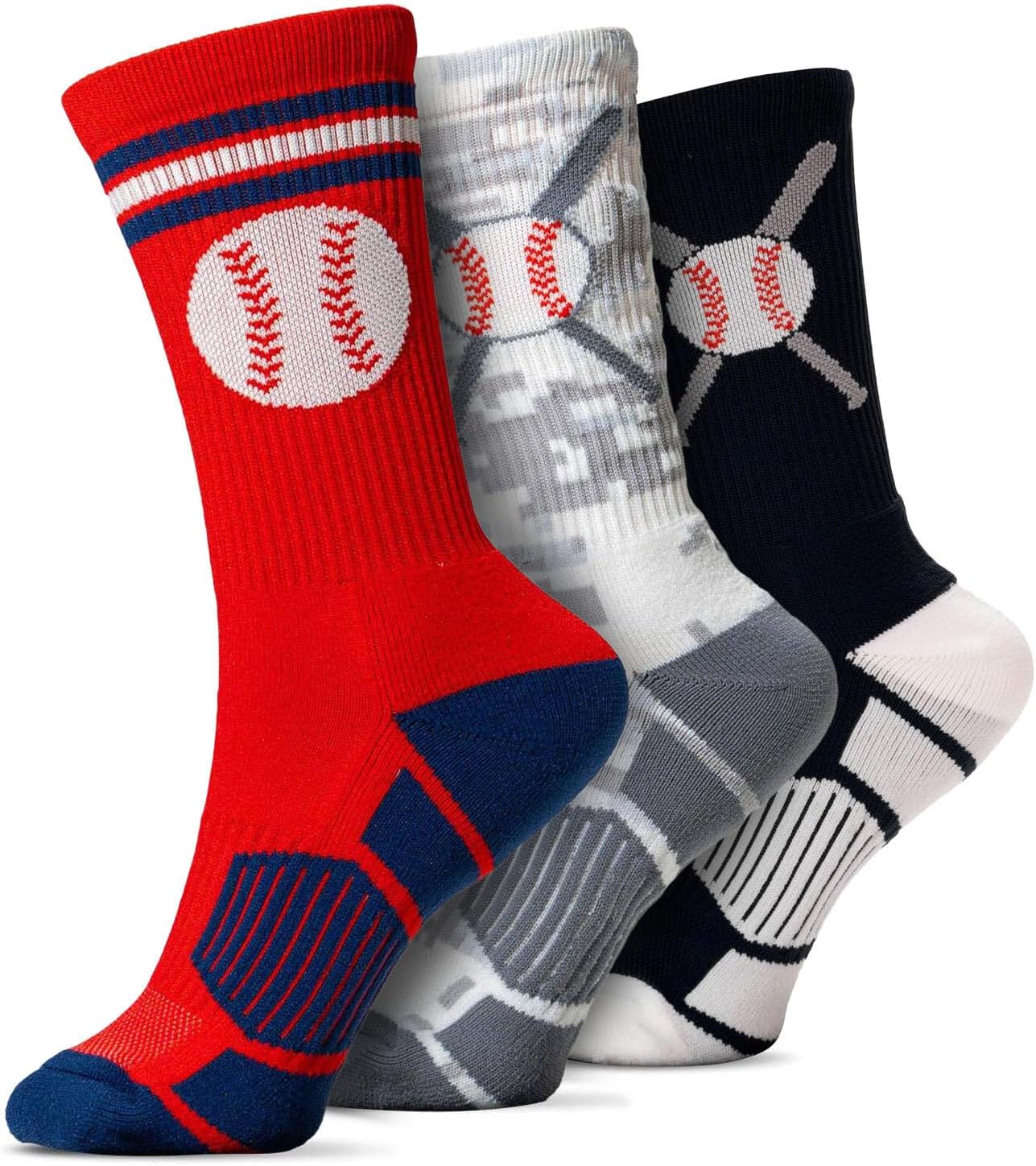 ChalkTalkSPORTS Baseball Performance Crew Socks-Multiple Designs & Colors-Set of 3-Youth & Adult-Baseball Mid-Calf Socks