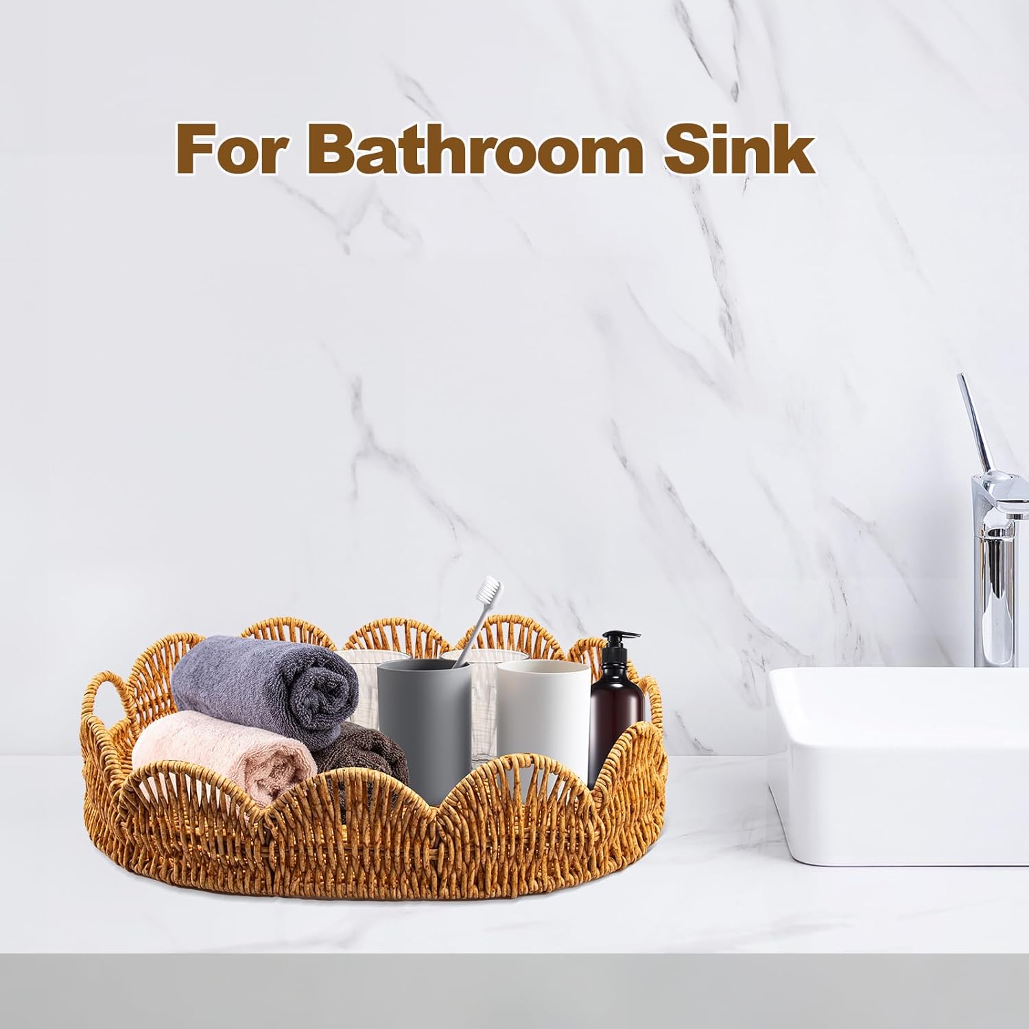 Elliptical Rattan Scalloped Tray, Woven Basket Tray with Bulit-in Handles Scalloped Edges Serving Tray for Coffee Table Living Room Home Decor 14.2" L x 10.9" W x 3.4" H - Image 6