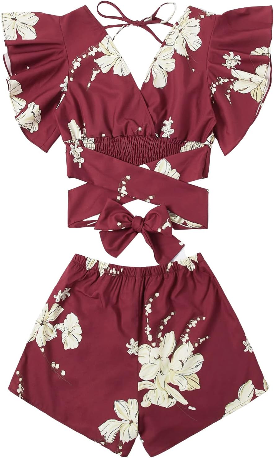 SweatyRocks Women's 2 Piece Boho Butterfly Sleeve Knot Front Crop Top with Shorts Set (Medium, Burgundy)