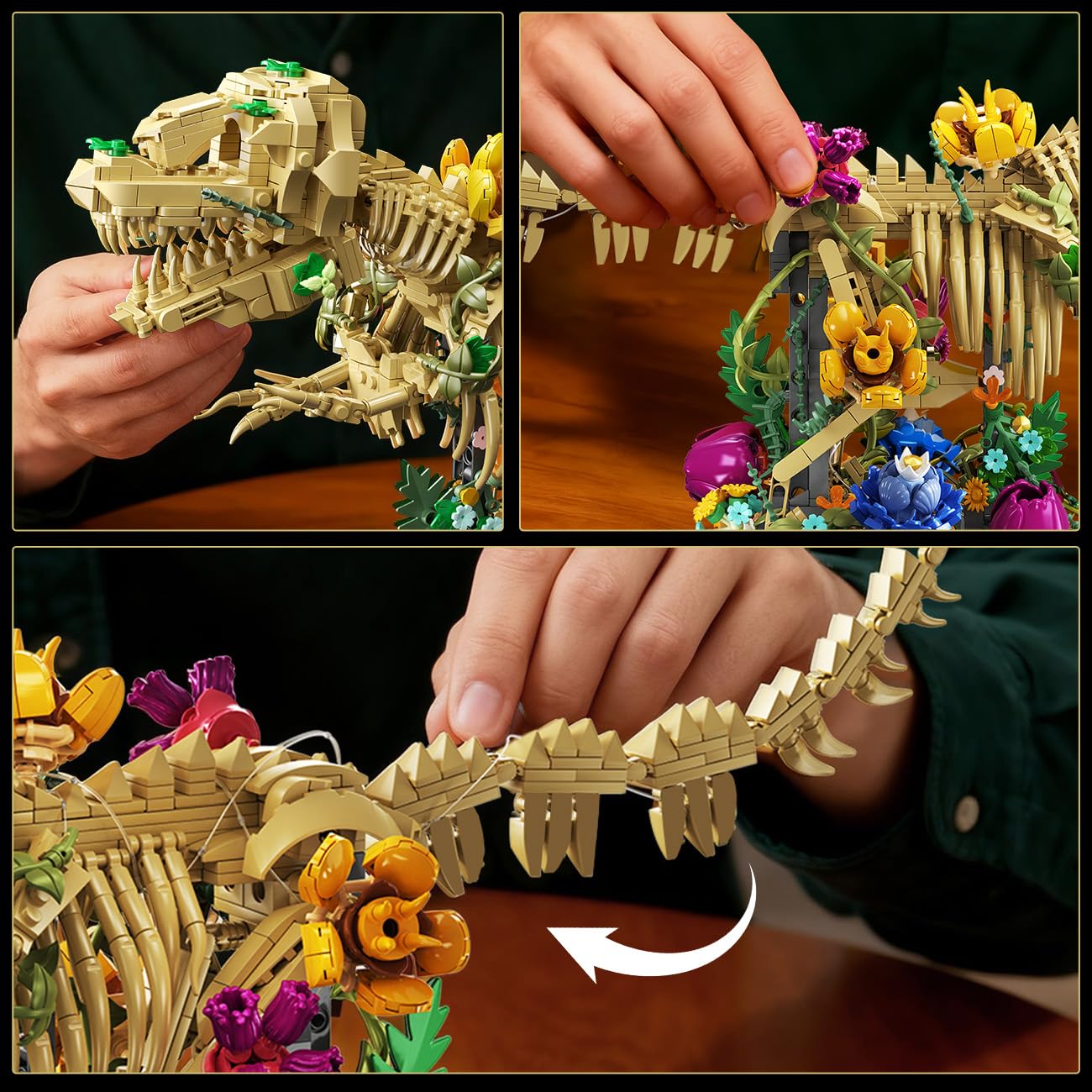 CUBIMANA Fossile de Dinosaure avec Fleurs et lumière LED, 1185 PCS Jeu de Construction botanique Dino, Maquette de Squelette pour décoration intérieure, Cadeau pour Adultes et Adolescents