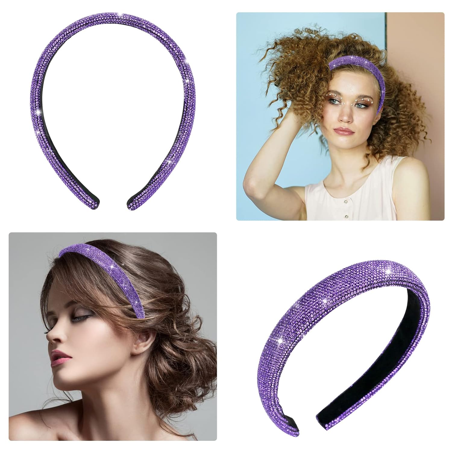 Vin Beauty Rhinestone Headband Glitter Non-Slip Wide Headband Solid Hair Band Purple Cute Hairbands Bridal Hair Hoop Wedding Hair Styling Accessories for Women Girls - Image 5
