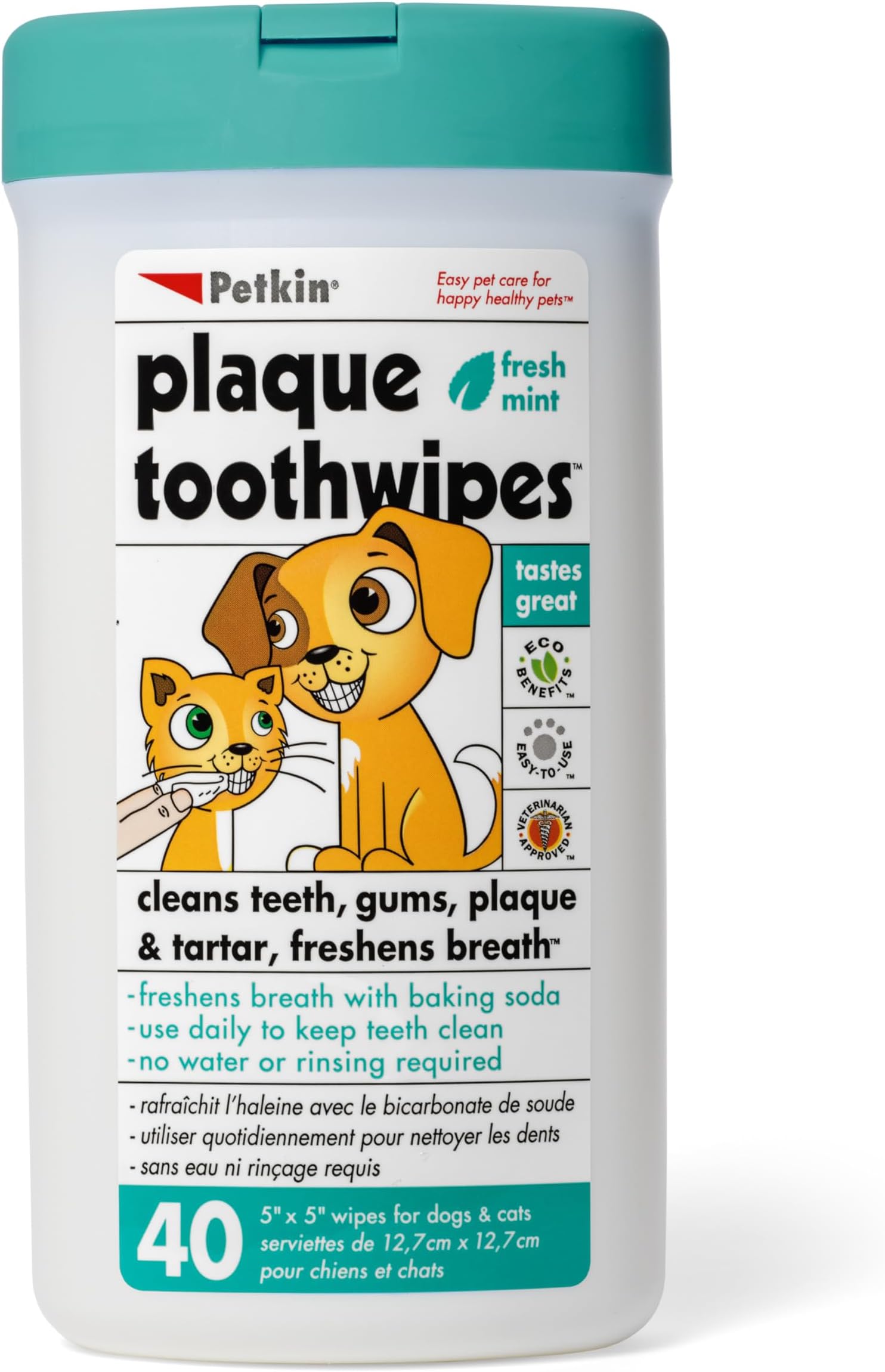 Petkin Plaque Toothwipes Fresh Mint 2 Packs of 40 Wipes - Cleans Teeth, Gums, Plaque & Tartar, freshens Breath. Tooth Wipe for cat or Dog.