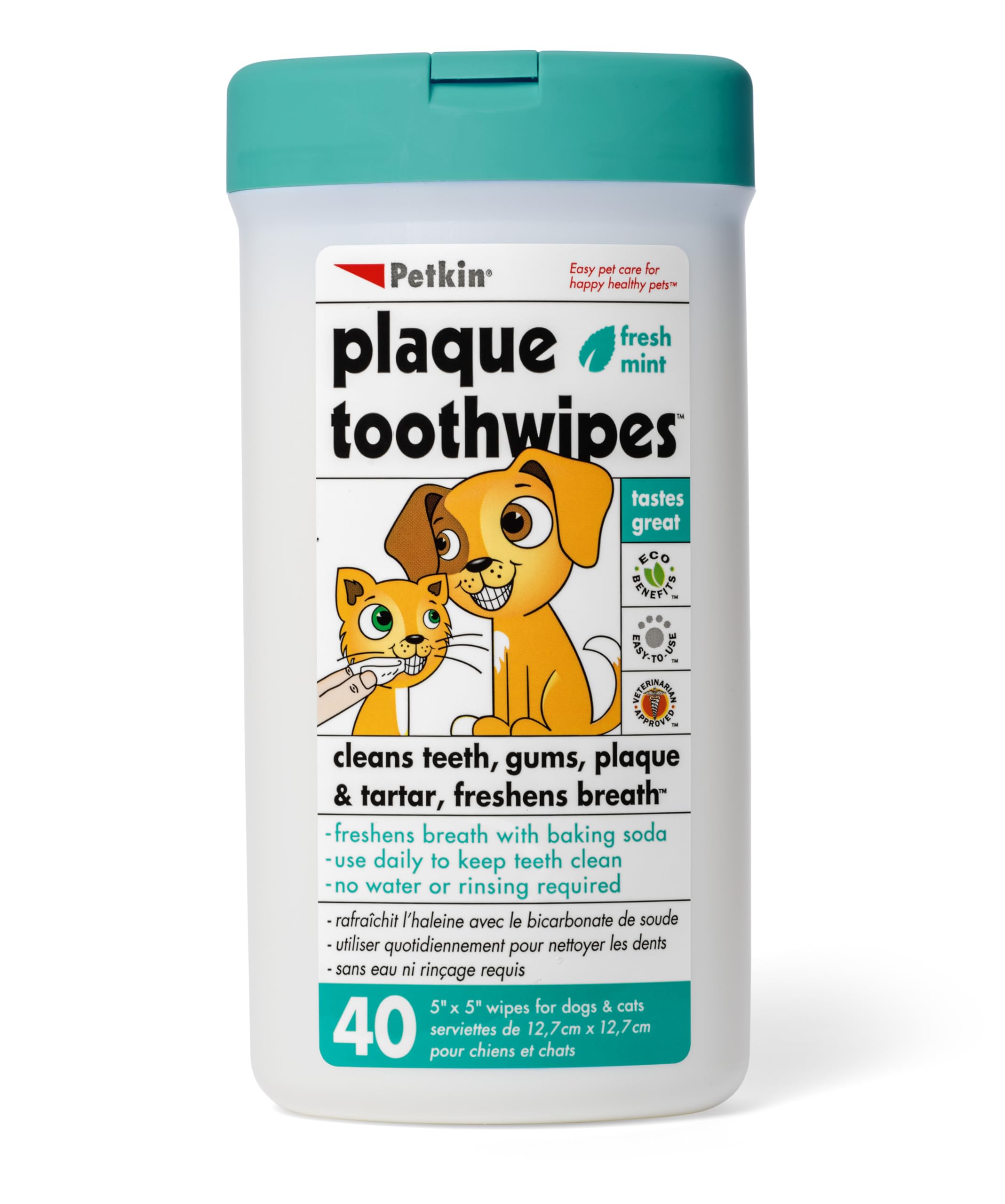 Petkin Plaque Toothwipes Fresh Mint for Dogs & Cats | Dental Cleaning Wipes for Teeth & Gums, Daily Oral Care | (Pack of 2)