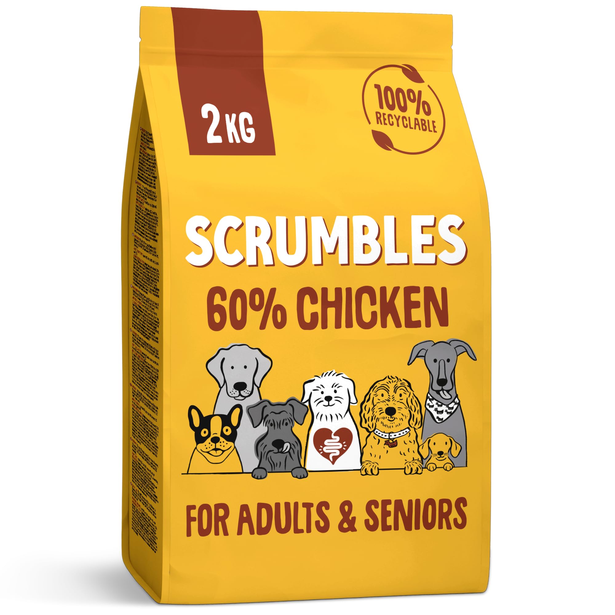Scrumbles • Dry Dog Food • Hypoallergenic • All Lifestages • Chicken 60% • 2kg Bag • Natural Complete Adult Recipe • Gut Friendly Prebiotics & Probiotics • Gluten Free