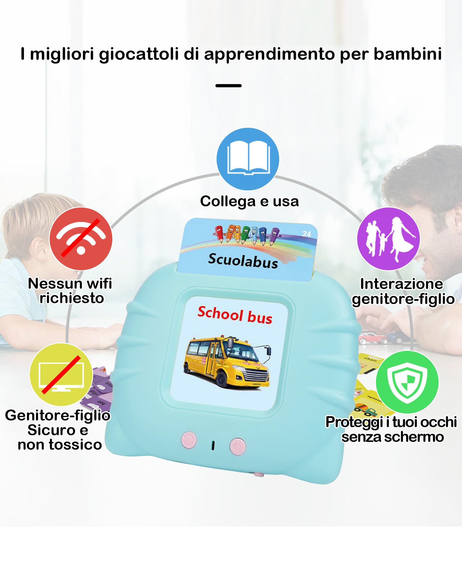 Schede Flash Cards Parlanti,Giocattoli di Apprendimento per Bambini dai 1-12 Anni, Educativi Prescolari da Ascoltare e Imparare di Base 510 Parole(Blu italiano + inglese)