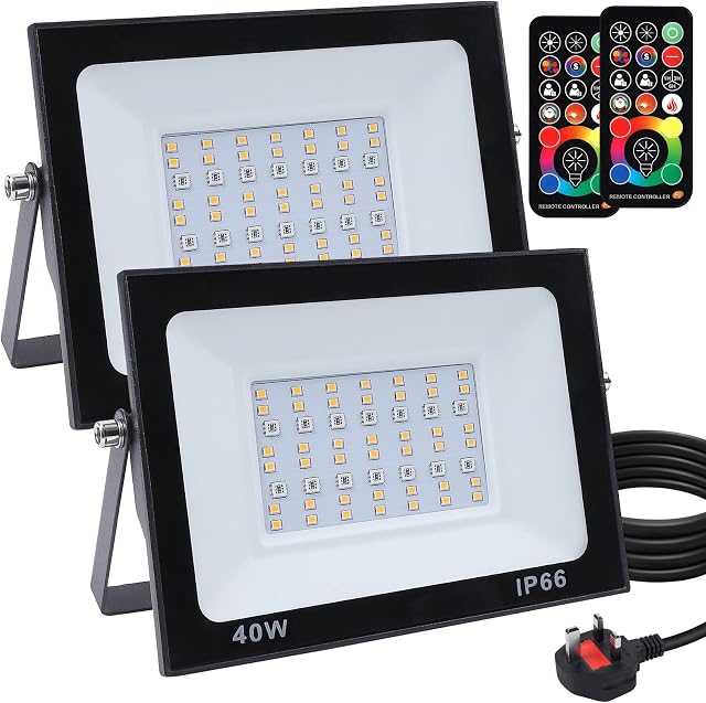 LUNSY LED Floodlight Outdoor 40W, 2 Pack RGB Colour Changing Flood Lights 4000LM Warm White 3000K+256 Colors Lighting Timing and Dimmable IP66 Waterptoof Security Light