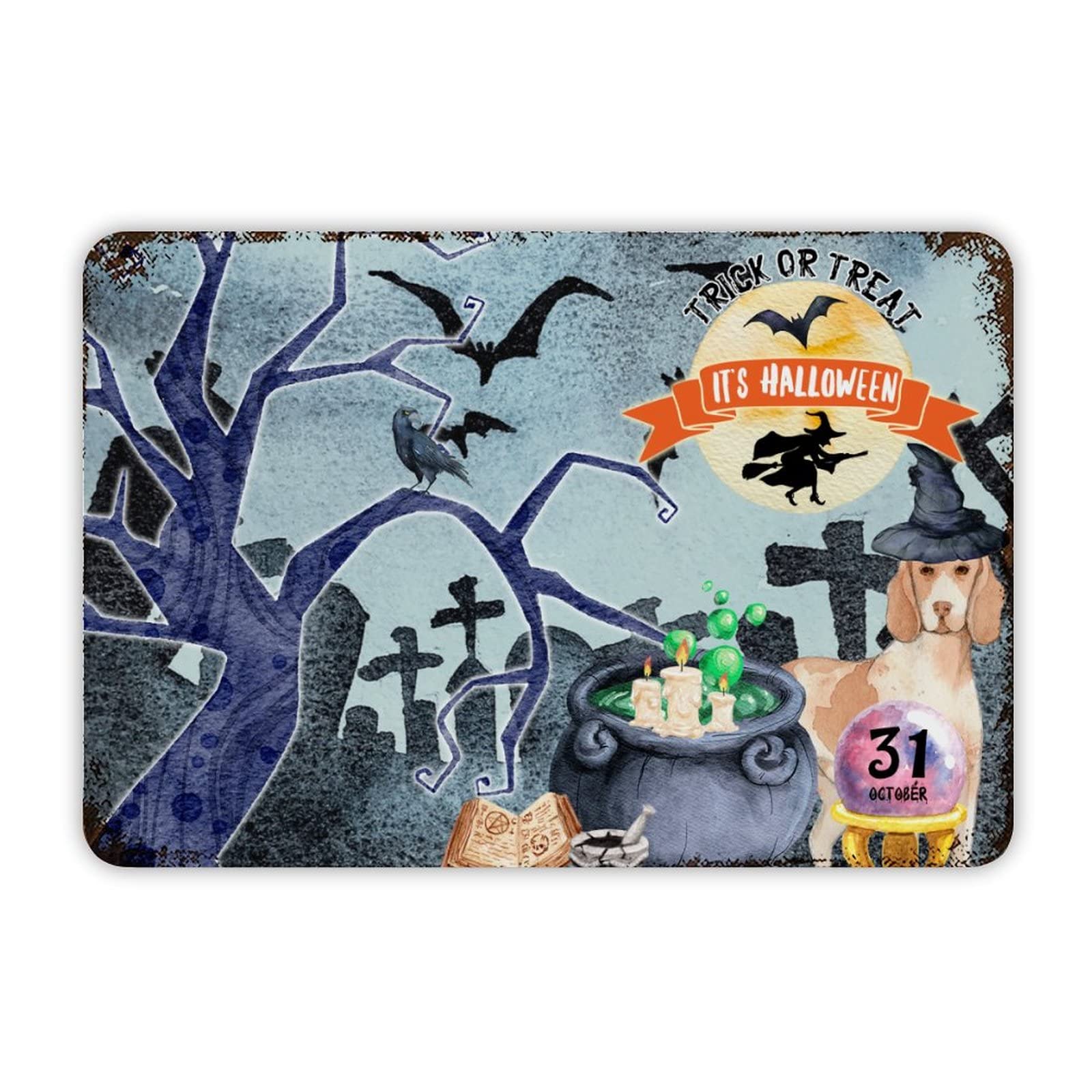 ENEDNATE Farmhouse Aluminum Sign Happy Halloween Scary Night Grave Witch Bats Trick Or Treat Dog Metal Sign Retro Aluminum Tin Sign for Kitchen Bedroom Living Room Wall Art Door Home Decor Sign 8x12