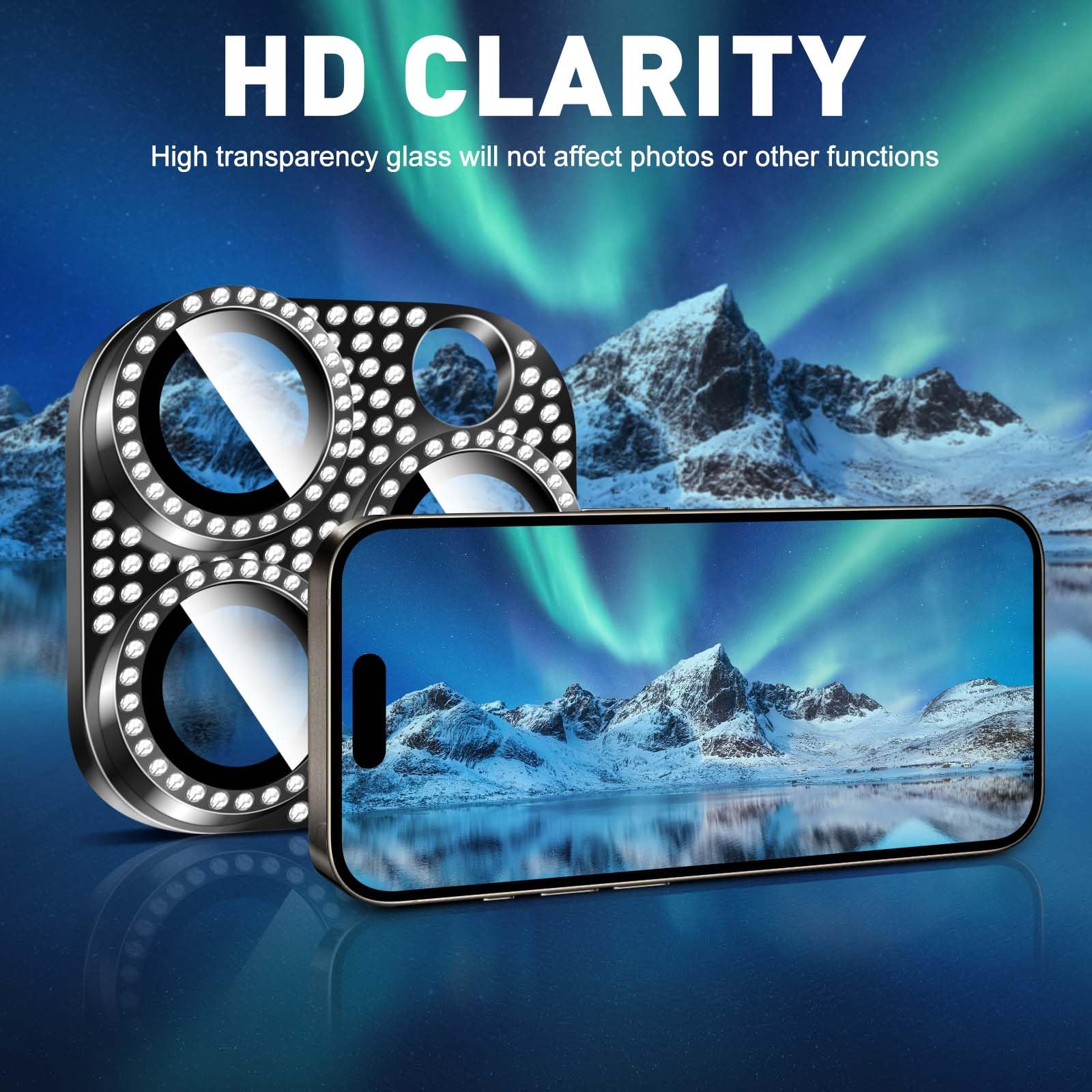 LucBuy 2 Stück Glänzende Diamanten Kameraschutz für iPhone, Metall 3D Strass Handy Verziert, Kratzfeste Vollständige Abdeckung Schutz Rückseitige Kameraabdeckung für iPhone 15 Pro/iPhone 15 Pro Max