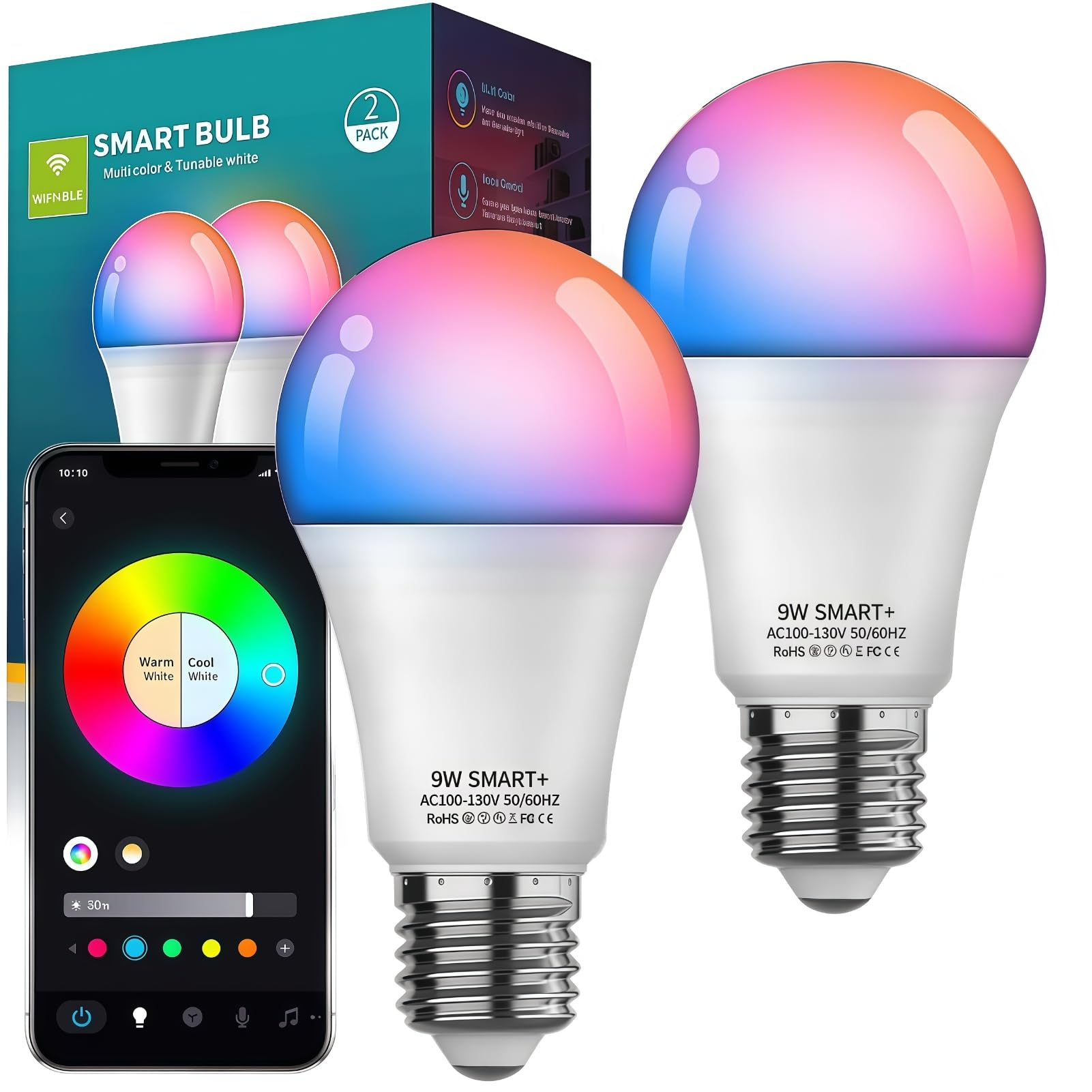 Smart Light Bulbs 2Pack, Color Changing Light Bulb Works w/Alexa Google Home, 9W A19 E26 800LM RGBTW Colored LED Bulbs, 50+ DIY Scenes, Music Sync, App & Voice Control WiFi Light Bulbs