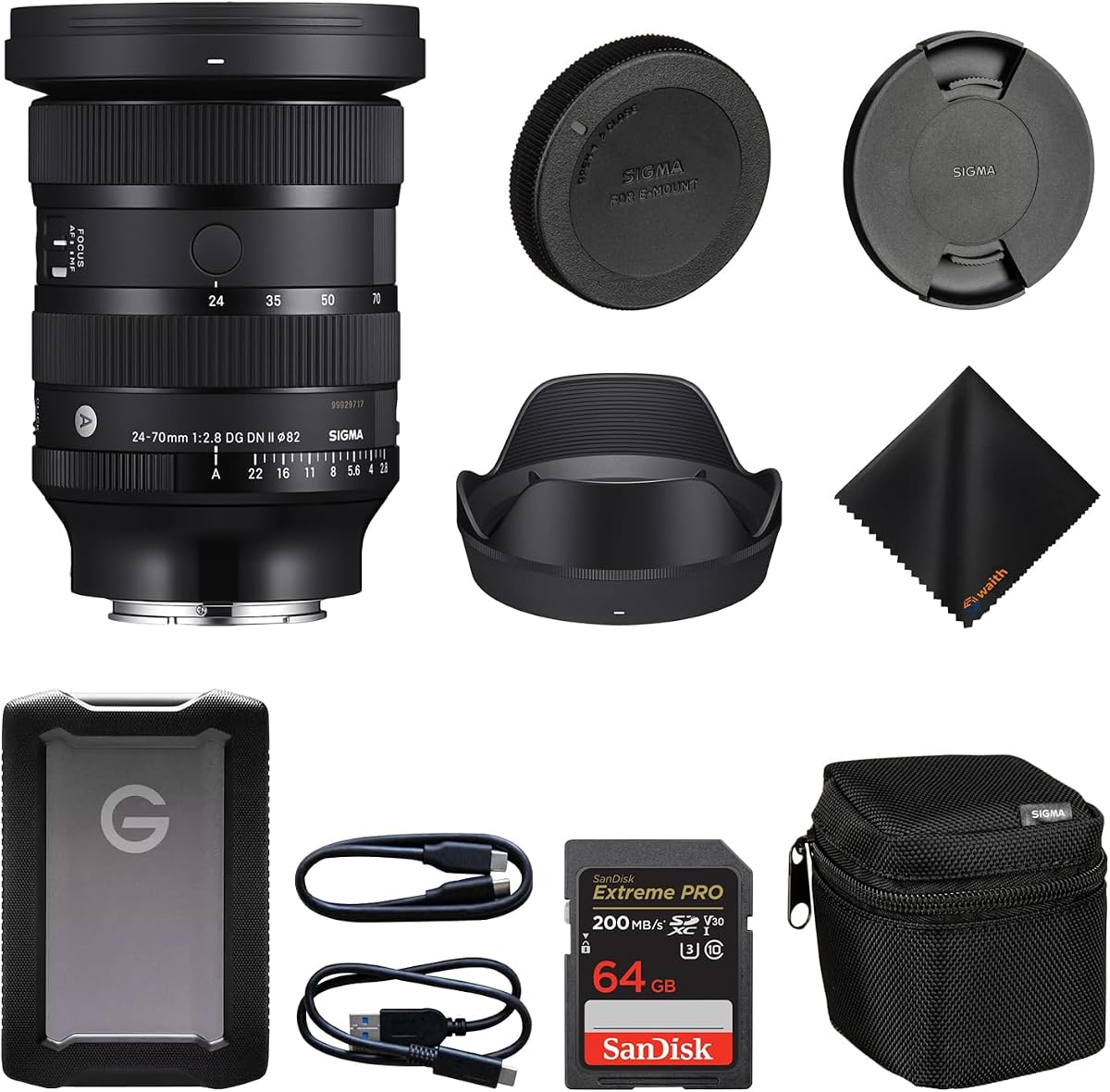 Sigma 24-70mm f2.8 DG DN II Art Lens Sony E| Full Frame Format, Six SLD Elements, Rounded 11-Blade with 1TB G-Drive ArmorATD & 64GB Extreme PRO Memory Card and Waith Cleaning Cloth (Bundle Set)