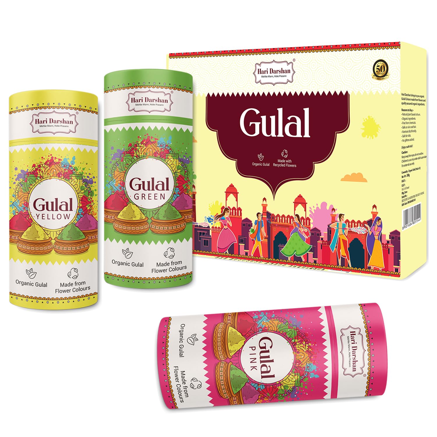 Hari Darshan Organic Gulal | Natural Plant-Based Holi Colors | Herbal Non-Toxic Eco-Friendly Gulal | Skin-Friendly & Safe for Kids and Hair | Green Yellow Pink | Combo Pack of 3 (100g Each)