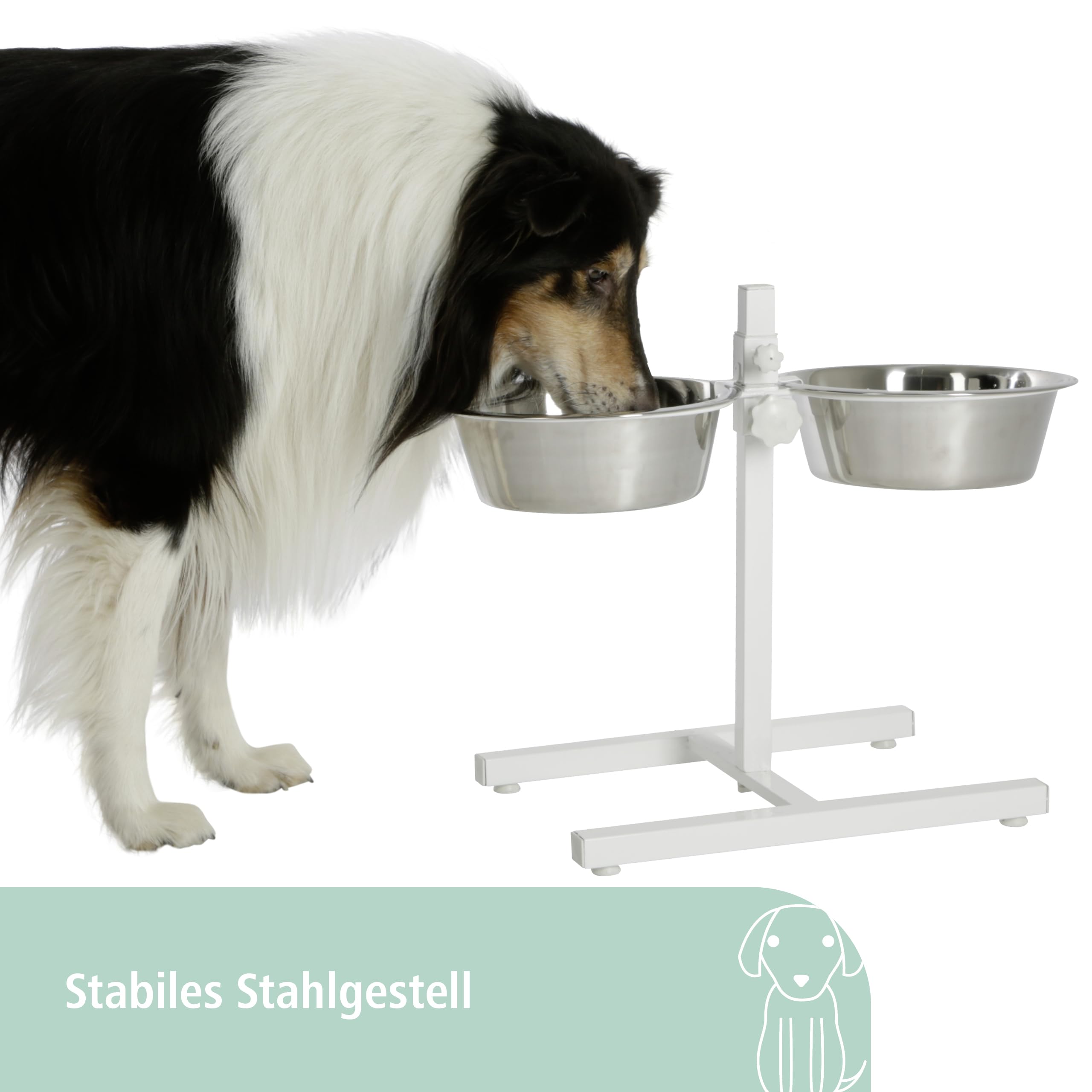 Kerbl Karmnik z miskami ze stali nierdzewnej, bezstopniowa regulacja miski dla psów, 2 x 1800 ml, wysokość 43 cm, biała