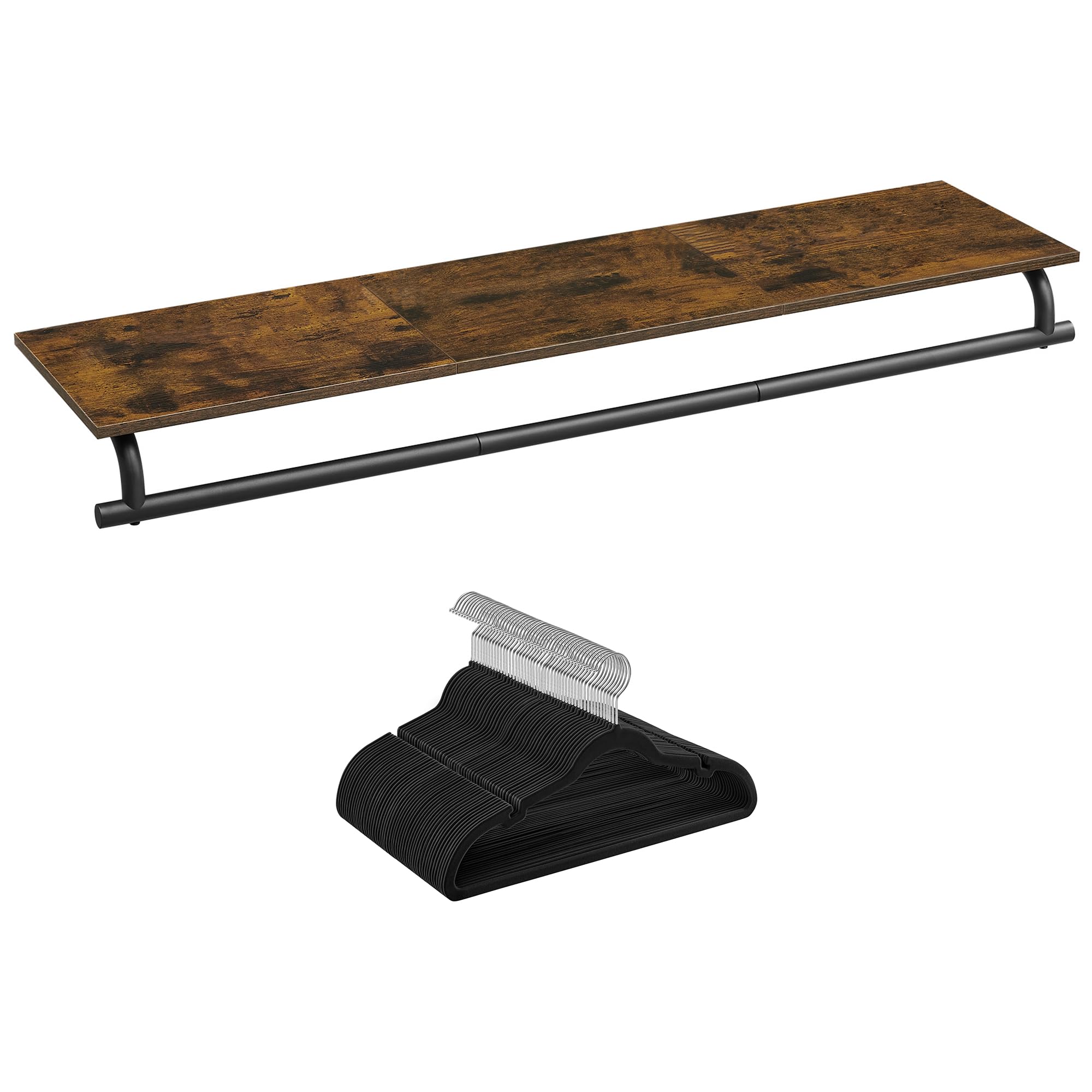 SONGMICS Clothes Rack with Top Shelf Bundle with Velvet Hangers 50 Pack, Wall Mounted, with Shoulder Notches, Rustic Brown and Ink Black UHSR135B01 and UCRF029B05