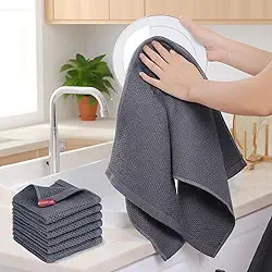 Pacote com 6 panos de prato de cozinha, toalhas de tecido waffle 100% algodão, panos de banho macios absorventes de secagem rápida para uso na cozinha 30 x 30 cm, cinza escuro