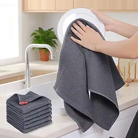 Pacote com 6 panos de prato de cozinha, toalhas de tecido waffle 100% algodão, panos de banho macios absorventes de secagem rápida para uso na cozinha 30 x 30 cm, cinza escuro