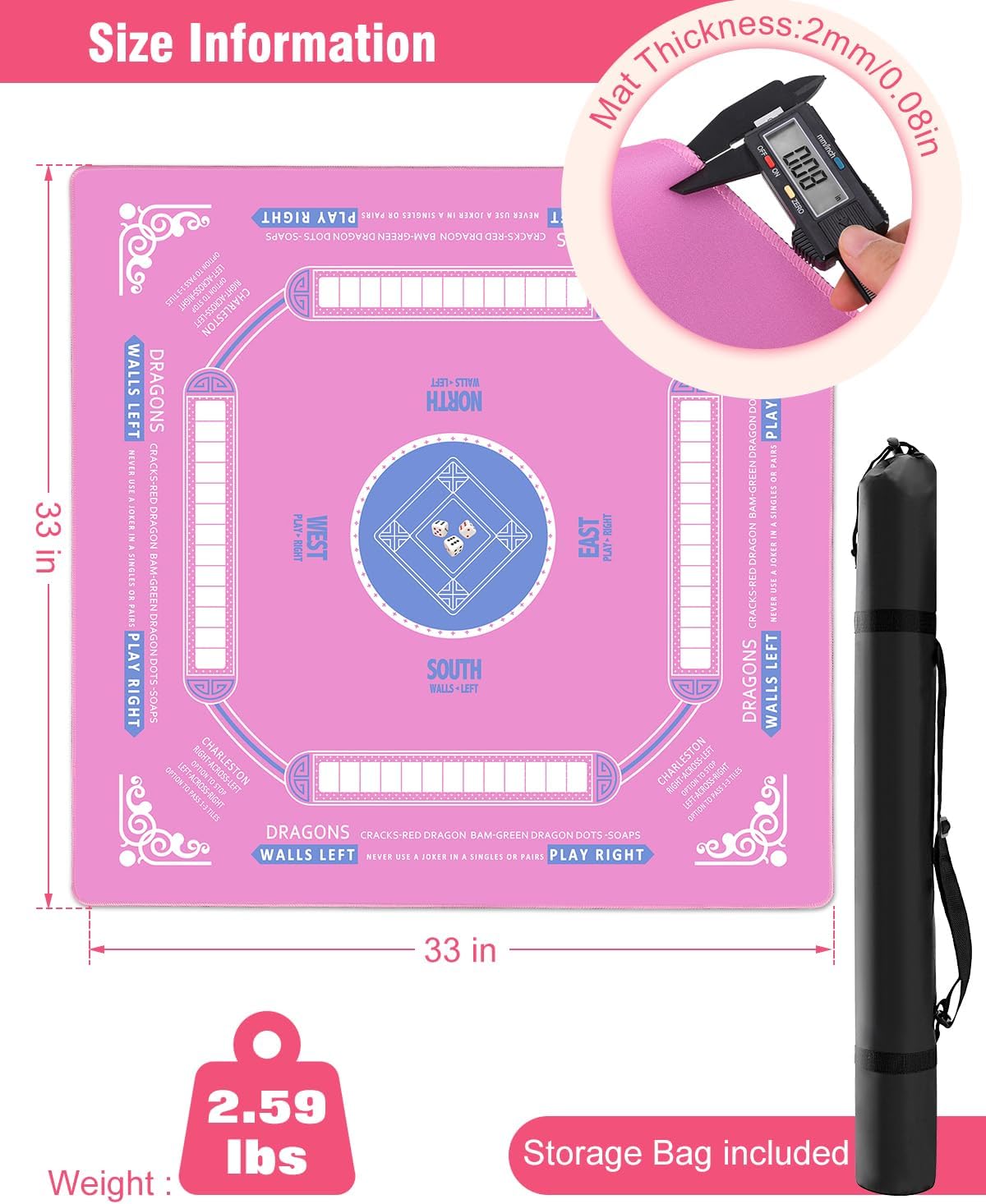 HoRiMe Mahjong Mat for Table 33” x 33”, Premium Non-Slip Noise-Reducing Table Cover, 2mm Thick Waterproof Rubber Game Mat with Carrying Bag – Foldable Mahjong Table Mat for Card & Board Games (Pink)