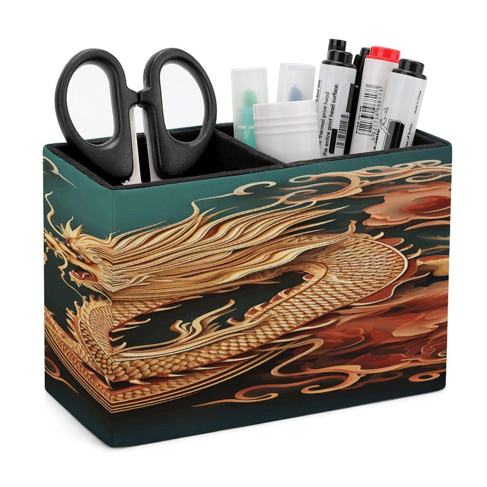 VstaDank Dragon Chinese Background Pen Holder Double Compartments Pen Cup Fashion Makeup Brush Holders Leather Pencil Holder for Work Locker Accessories Modern Pencil Cup for Desk Organizer