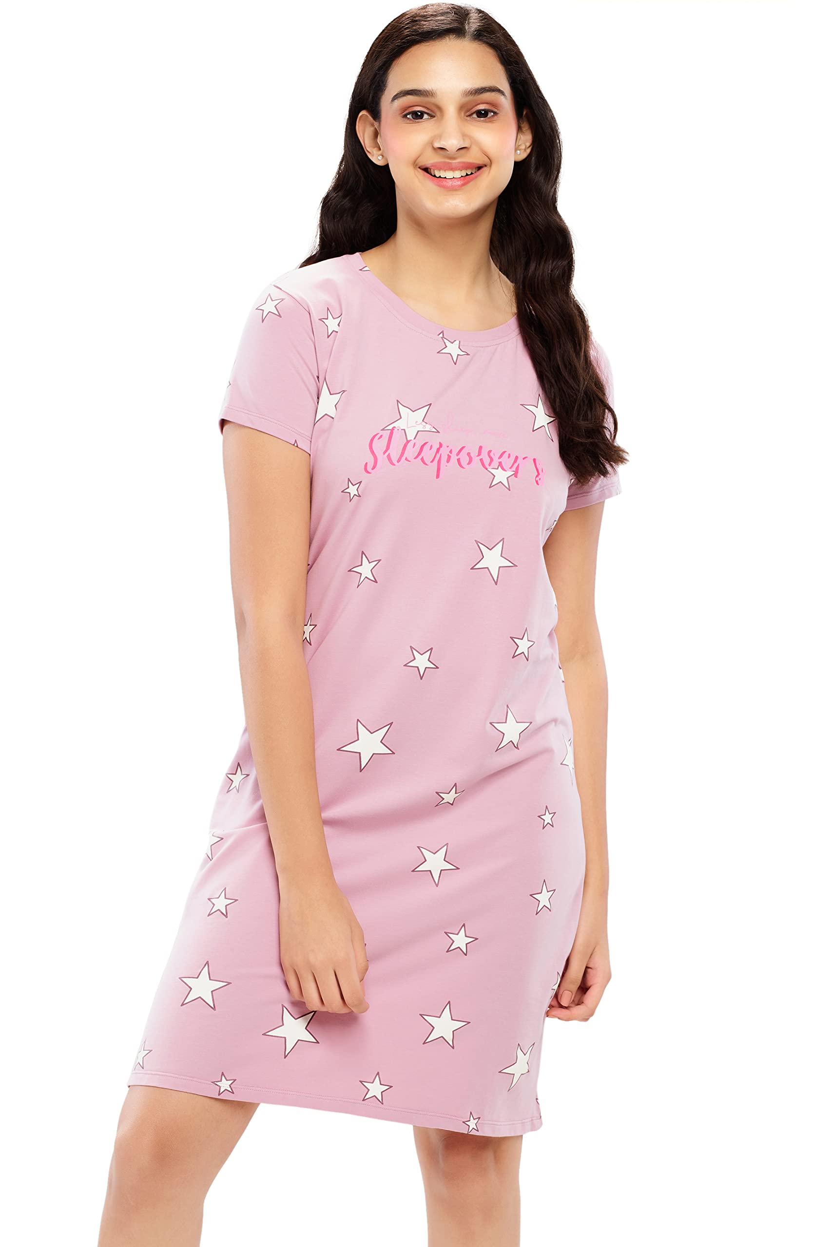 Women's Cotton Night Dress Star Printed Knee Length Night Gown 5637-image-46