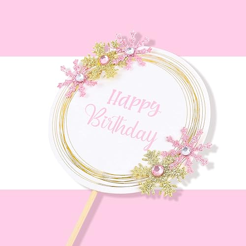 Miniatura 6 de Ercadio 1 paquete de adornos de copos de nieve para tartas de feliz cumpleaños, copos de nieve congelados rosados con diamantes de imitación rosa