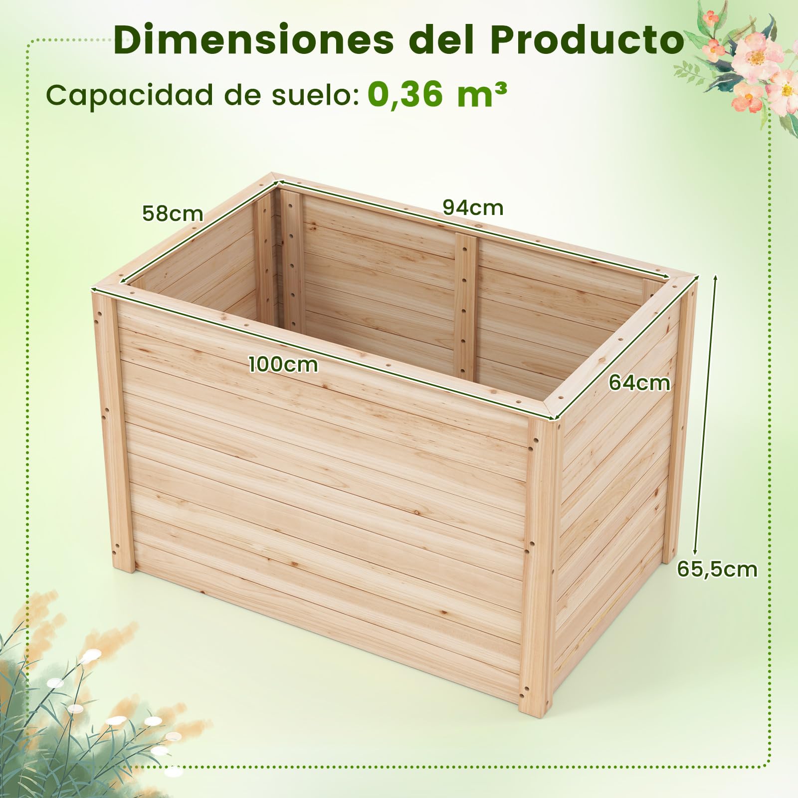 COSTWAY Cama de Jardín Elevada de Madera, 100 x 64 x 65,5 cm, Jardinera Elevada con Base Abierta para Plantas de Raíz Profunda, Verduras, Frutas, Flores, Arbustos y Plantones, Huerto de Cultivo