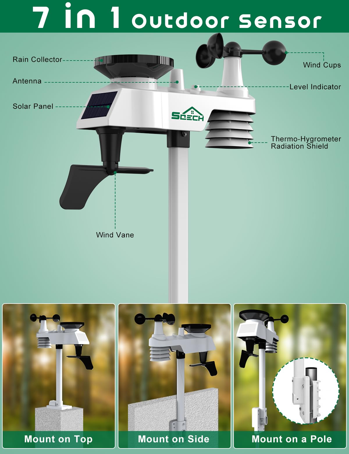 SQECH Wetterstationen Innen und Außentemperatur Funk mit Wettervorhersage | 7-in-1 Wetterstation Funk mit Außensensor, Regenmesser, Windmesser, Temperatur, Luftfeuchtigkeit, Mondphase, Datum, Wecker