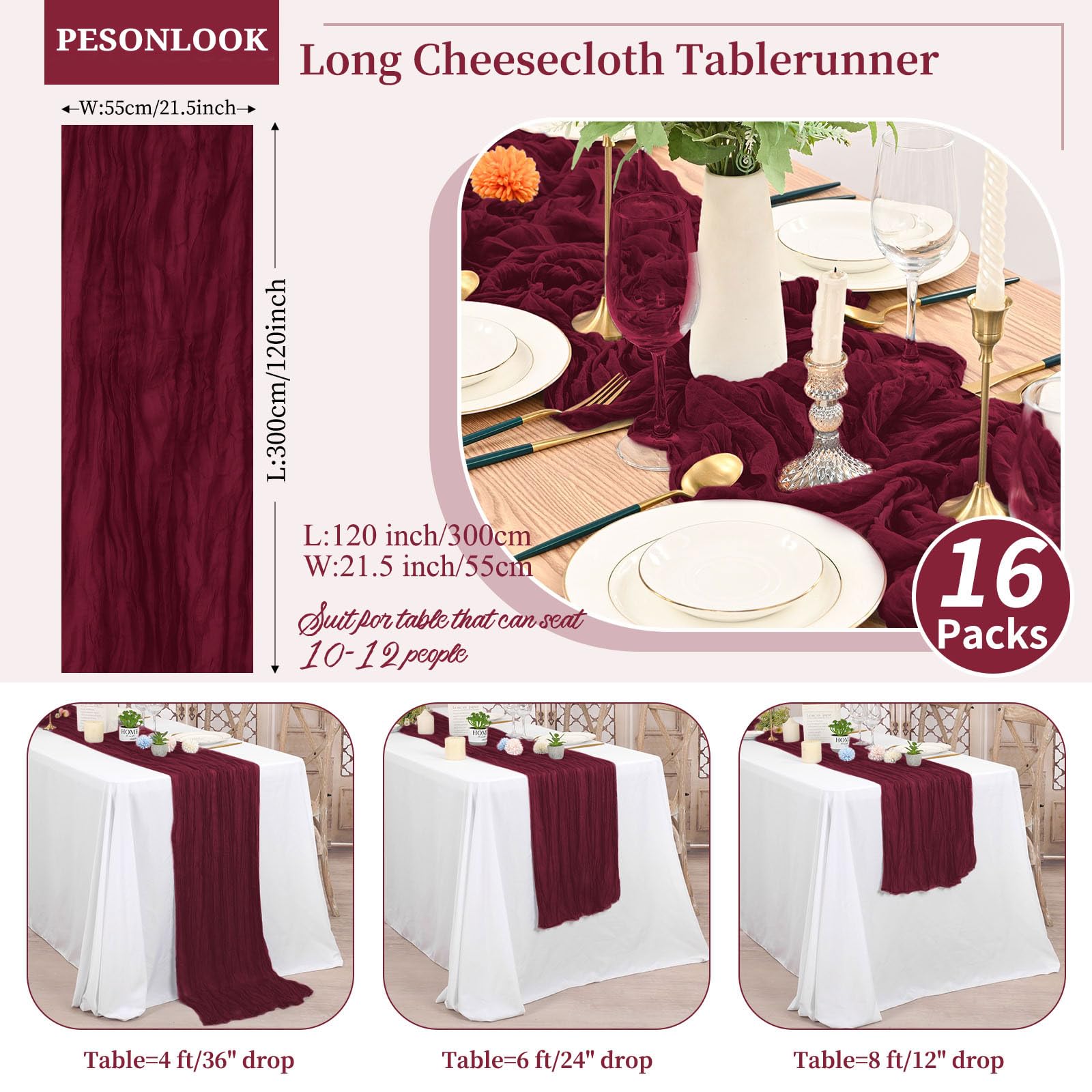 16 Pack Gauze Cheesecloth Table Runner Burgundy ,10ft Long Rustic Gauze Boho Wedding Table Runners 21.5 x 120 Inch for Wedding,Bridal Shower,Party,Banquet Decoration - Image 3