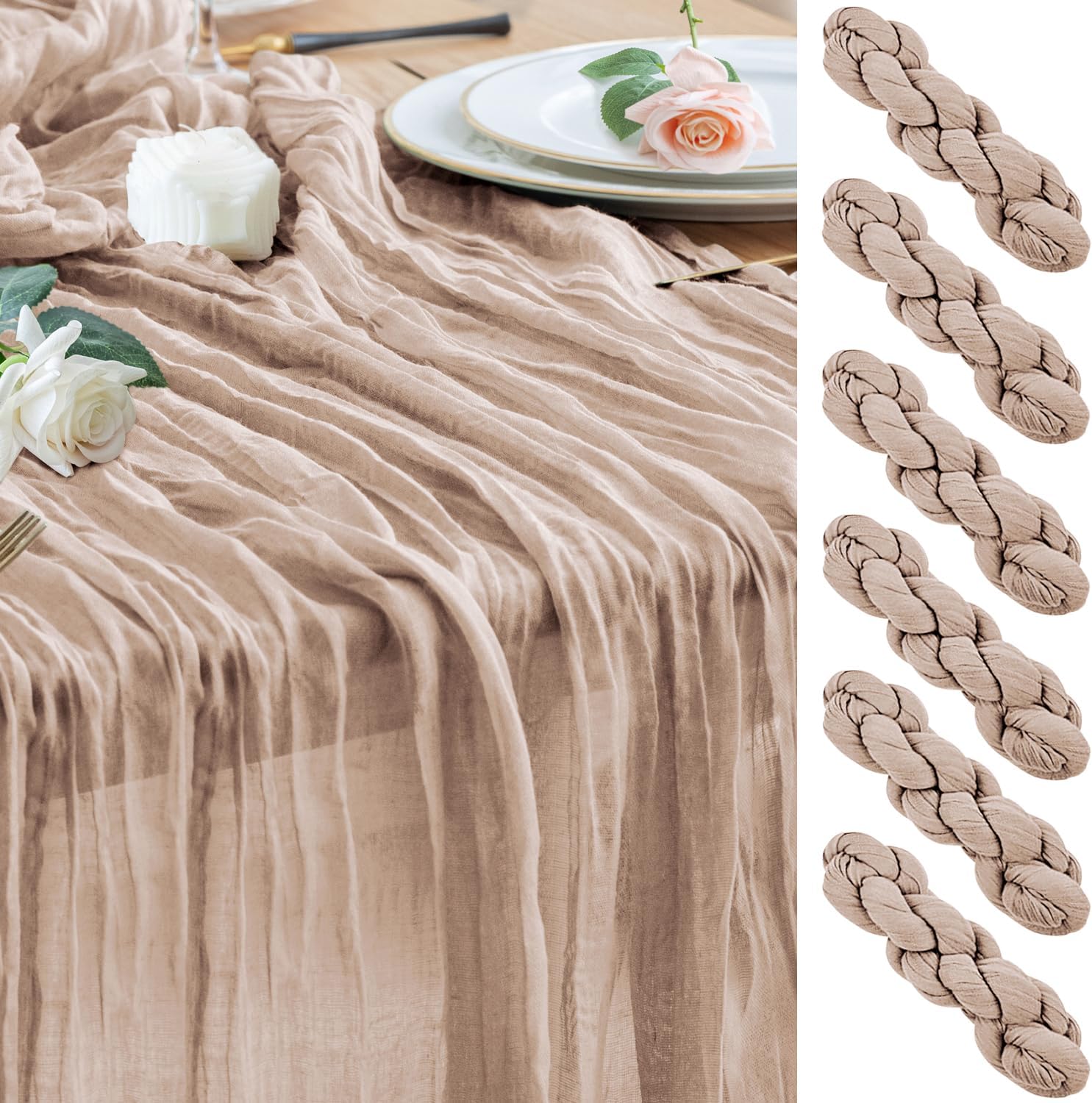 Wokceer Cheesecloth Table Runner 6Pack 10FT Nude Pink Boho Gauze Cheese Cloth Table Runner for Party Long Rustic Sheer Table Runners for Baby Bridal Shower Wedding Easter Table Decor