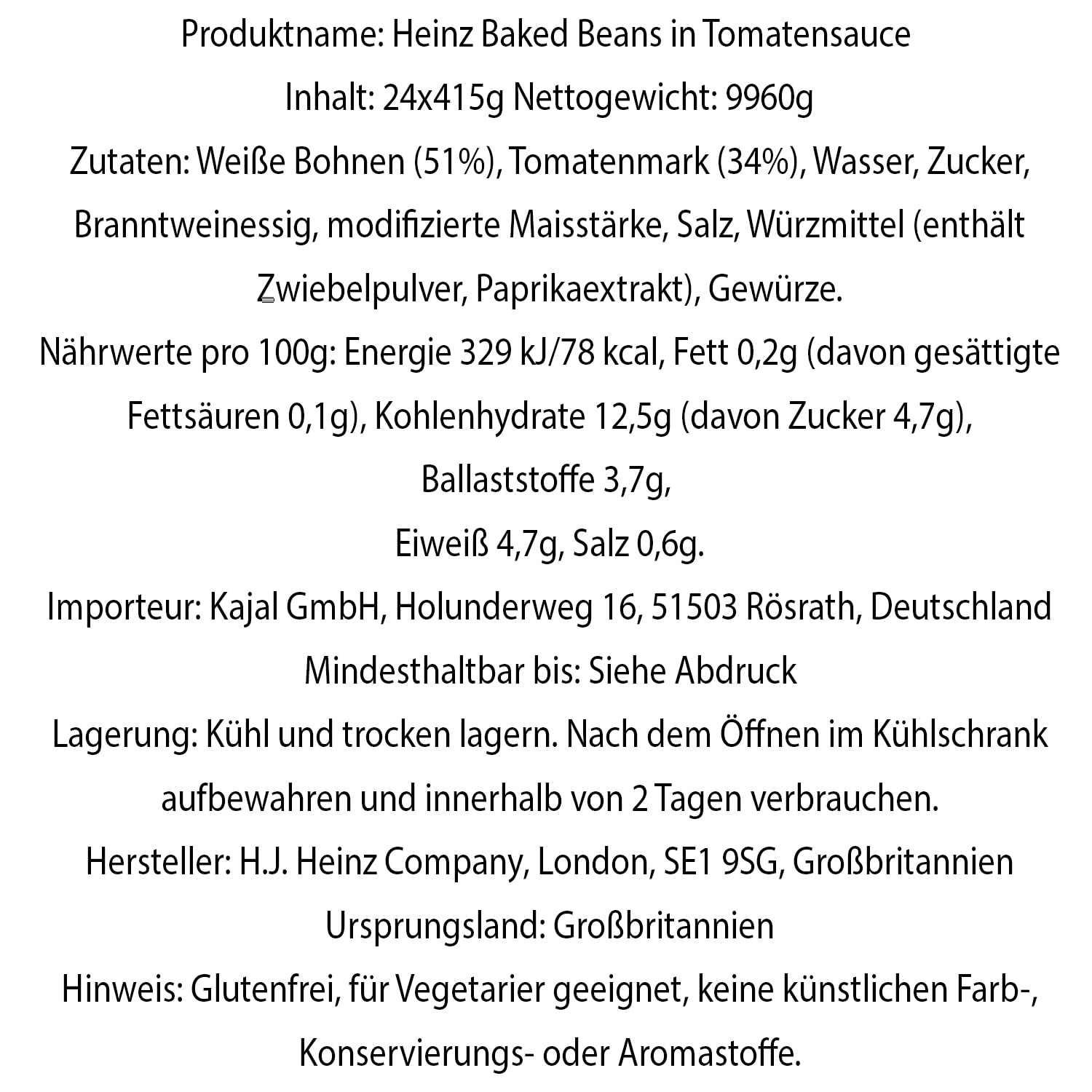 Heinz Lot de 24 haricots cuits au four 415 g – Sans gluten, protéines et fibres, faible en sucre et en matières grasses, 1 de vos 5 par jour, pour végétaliens et végétariens