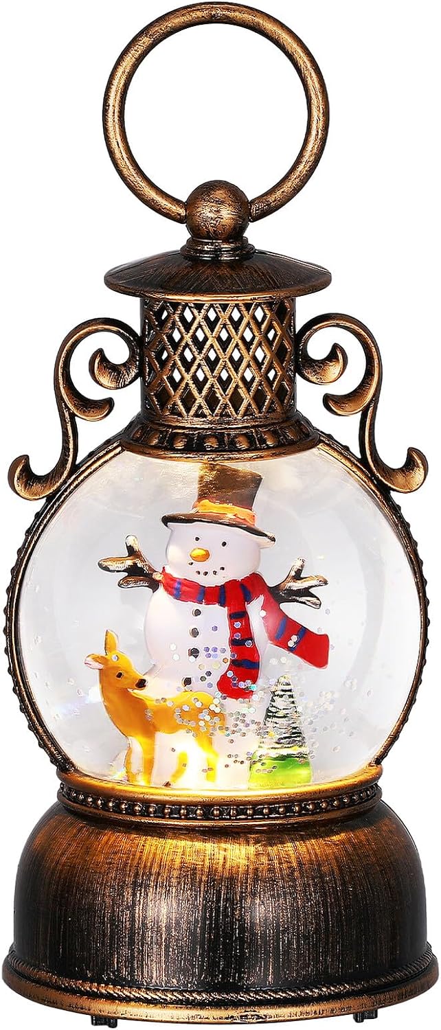 Gadpiparty Christmas Musical Snow Globe with Light-up Glitter Lantern and Gold Snowman – Safe Holiday Music Box Decoration for Festive Table Centerpiece
